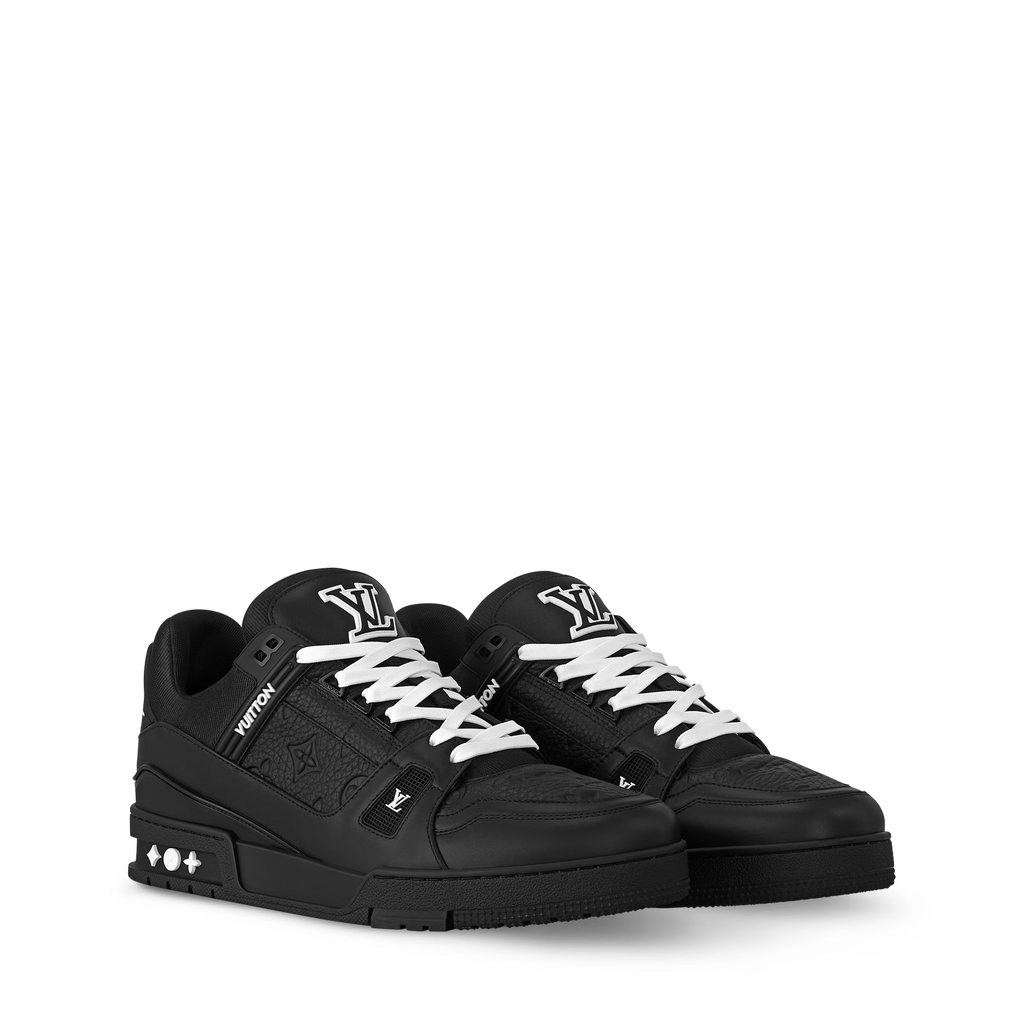 Black leather trainer sneakers with white laces and LV side logos