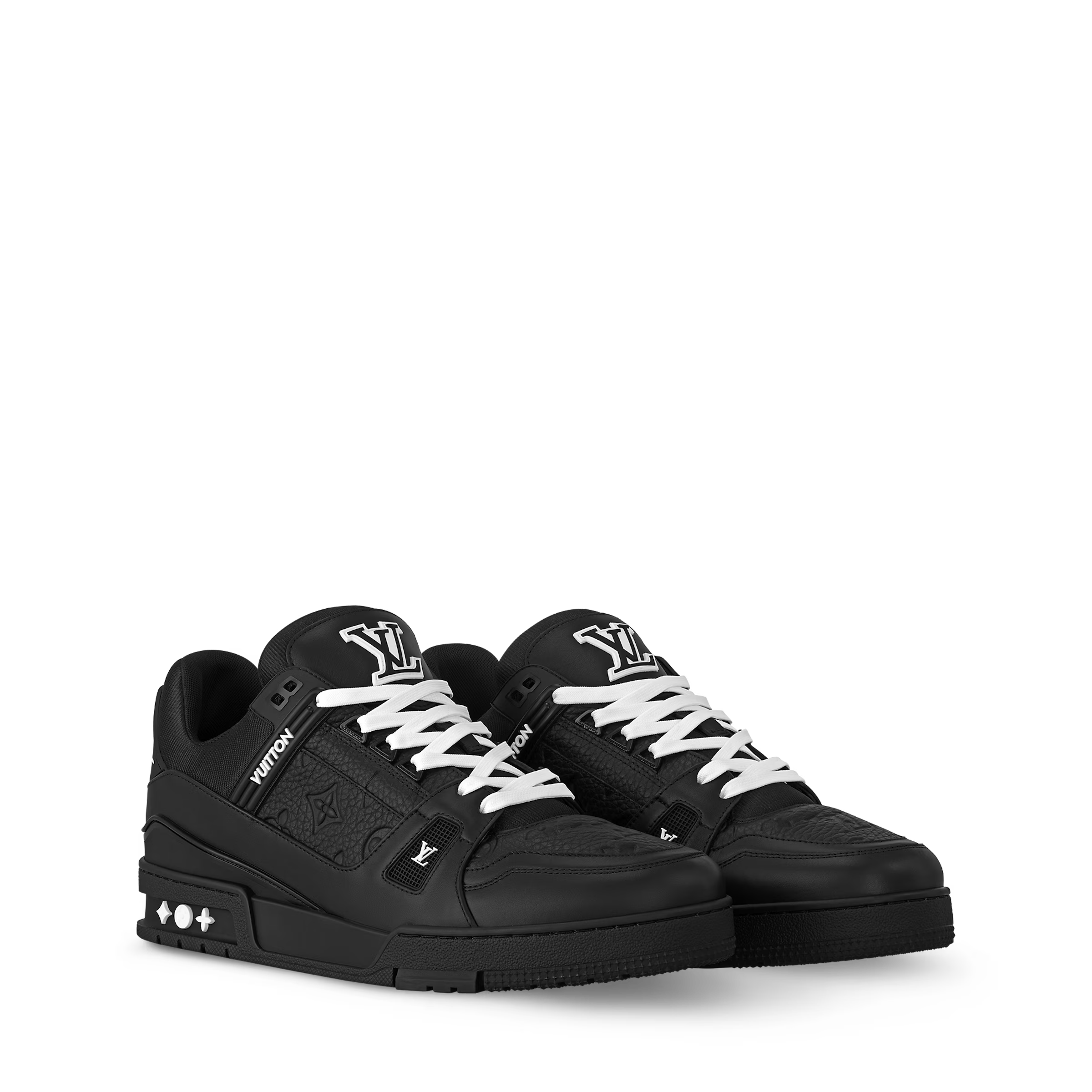 Black leather trainer sneakers with white laces and LV side logos