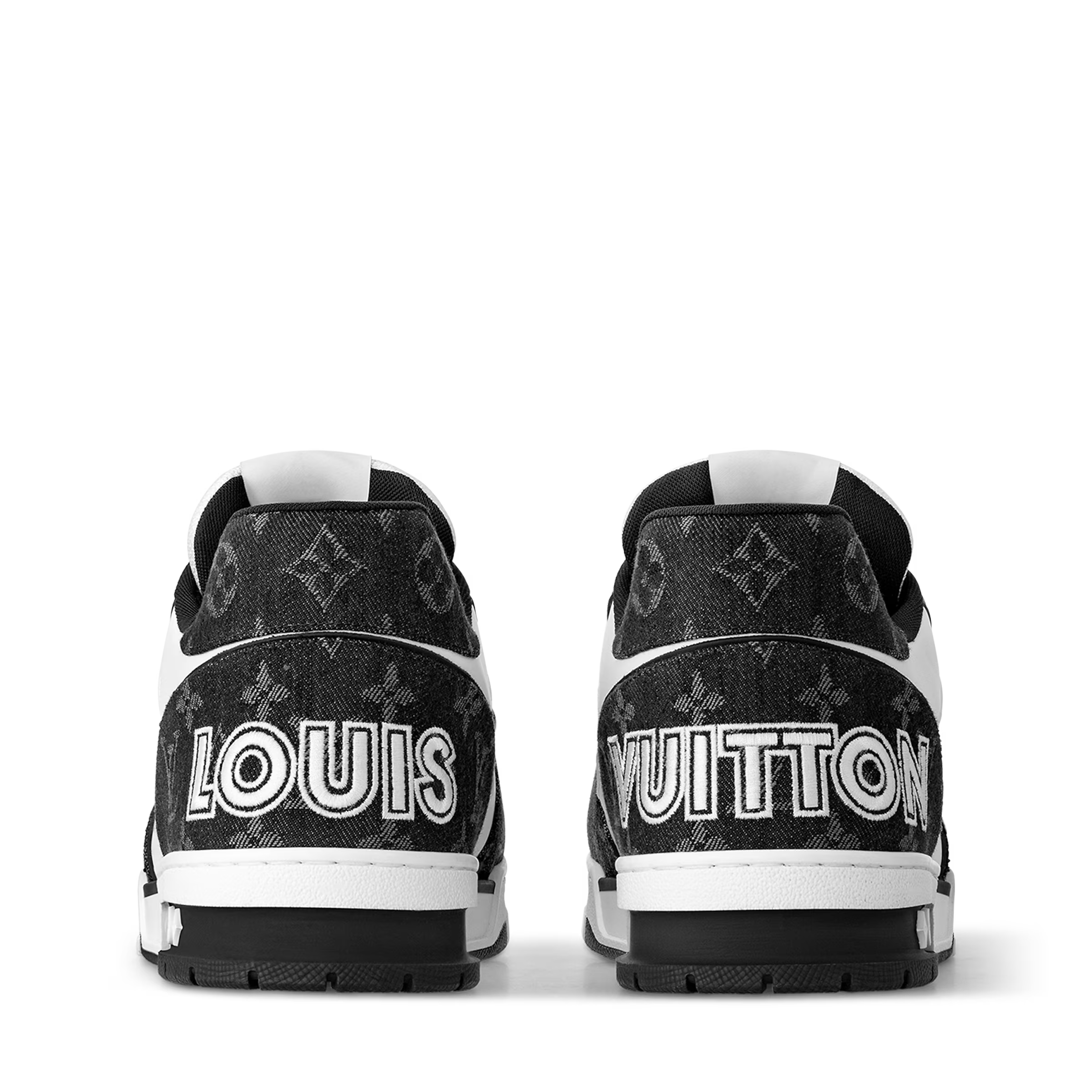 LV Trainer sneakers rear view, black heel with white logo straps, padded collar