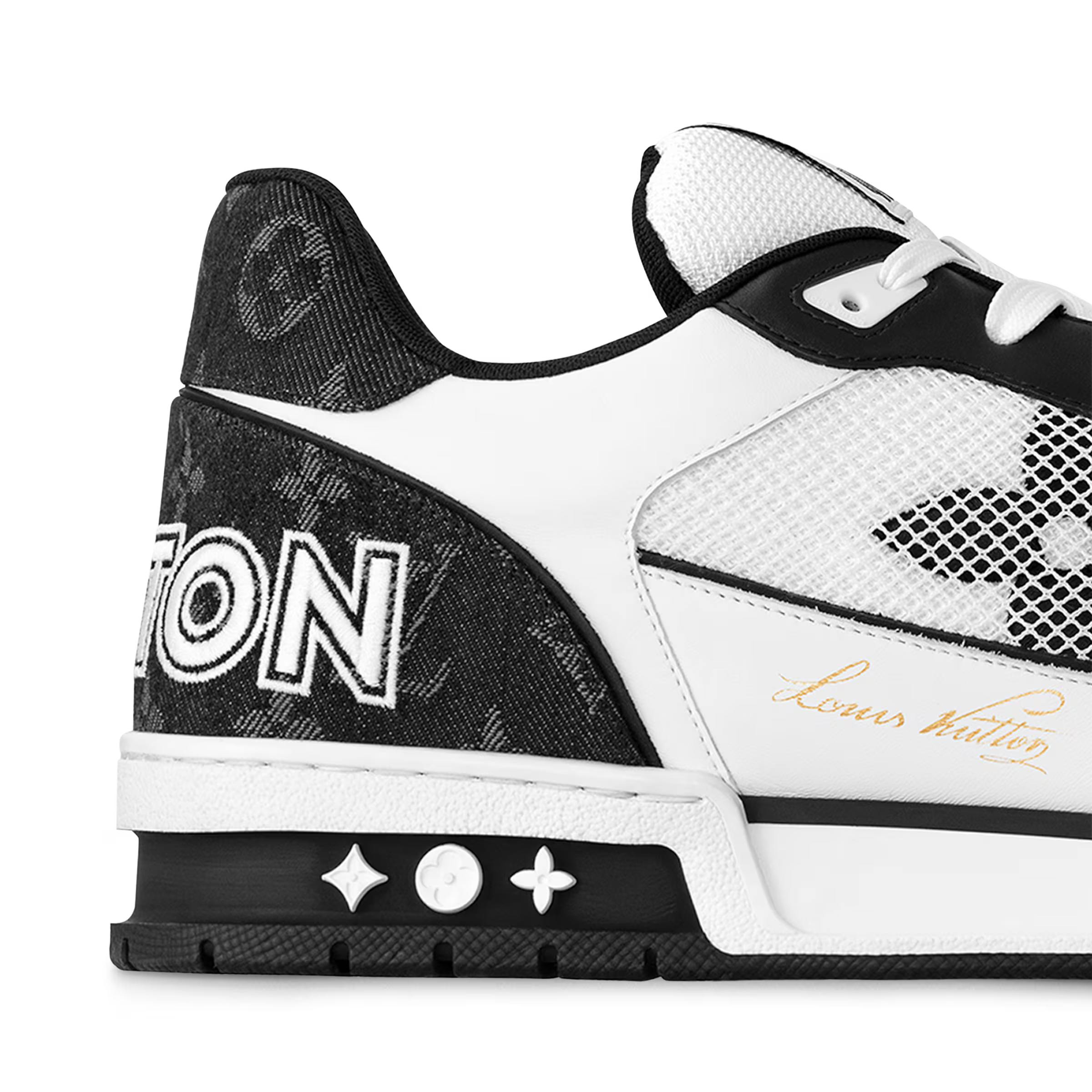 LV Trainer sneakers side close-up, white mesh upper with black monogram details