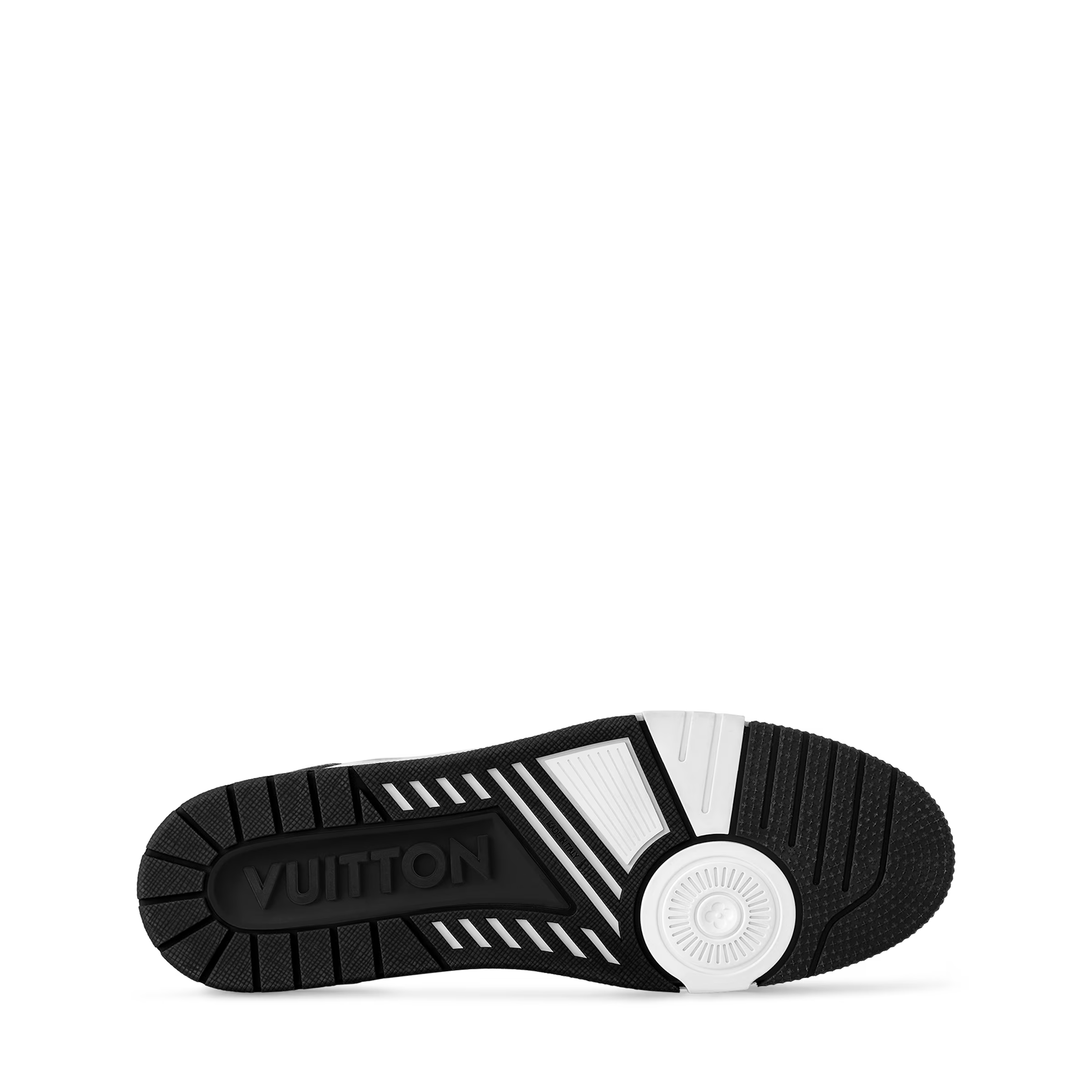 LV Trainer sneakers outsole tread, black rubber with white circular logo section
