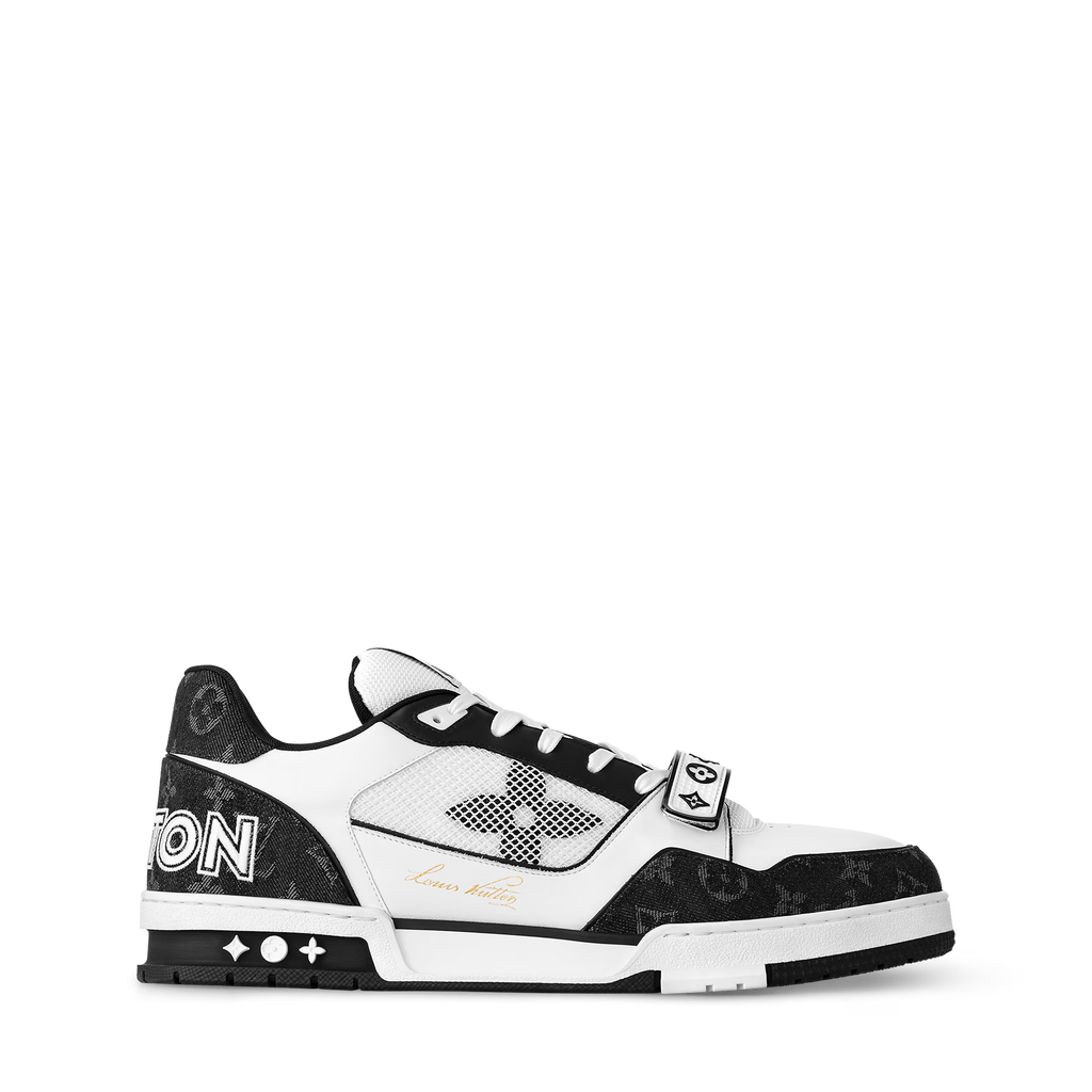 LV Trainer sneakers profile view, white upper with black monogram sides and laces