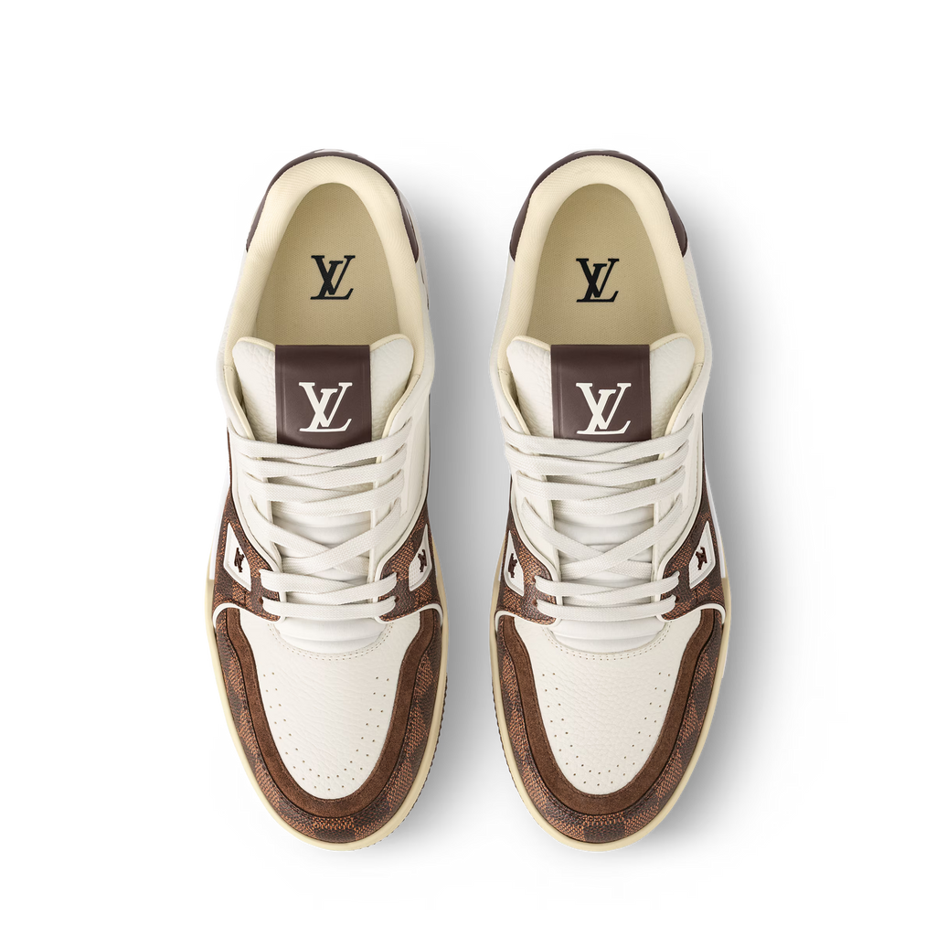 Cream and brown sneakers with LV logo panels, perforated toe, and white laces.