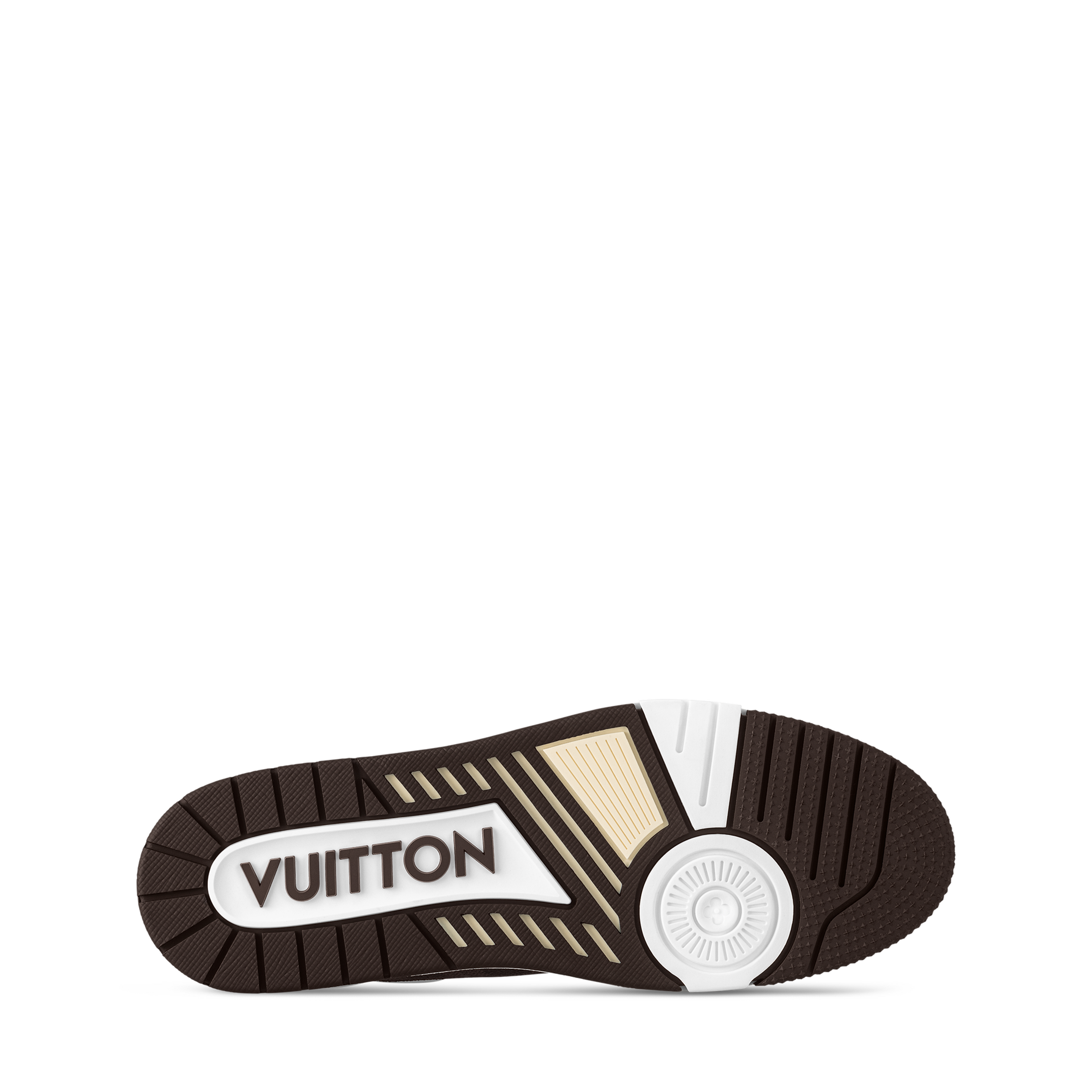 Brown rubber outsole with VUITTON logo and tread pattern.