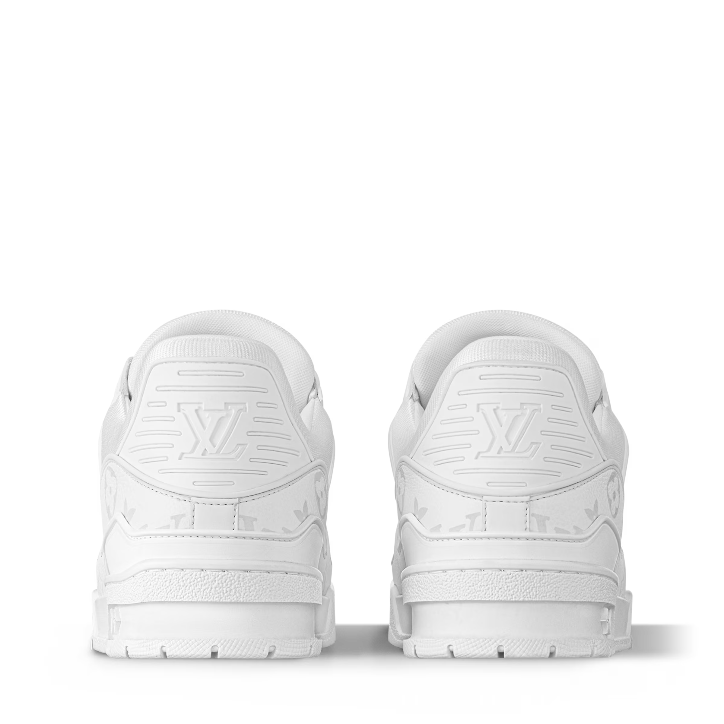 LV Trainer distressed white sneaker heel view, lace-up with monogram embossing