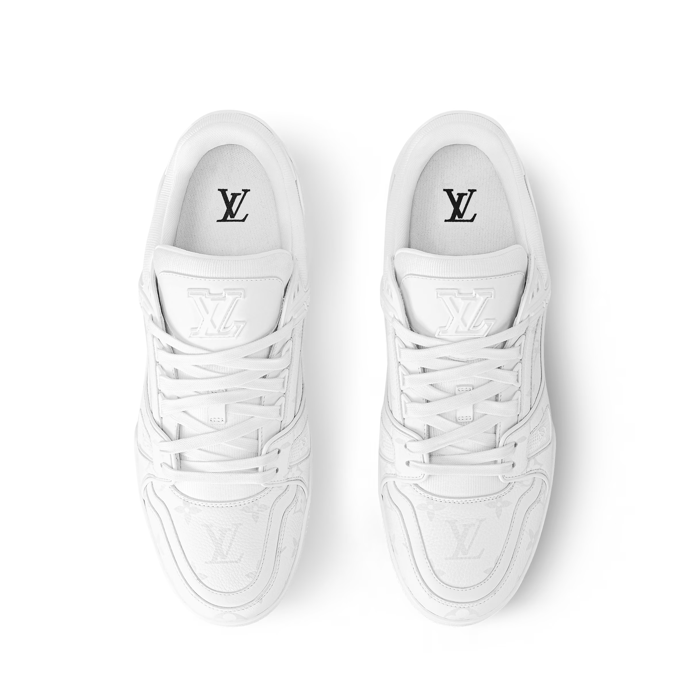 LV Trainer distressed white sneaker top view, padded tongue with LV logo