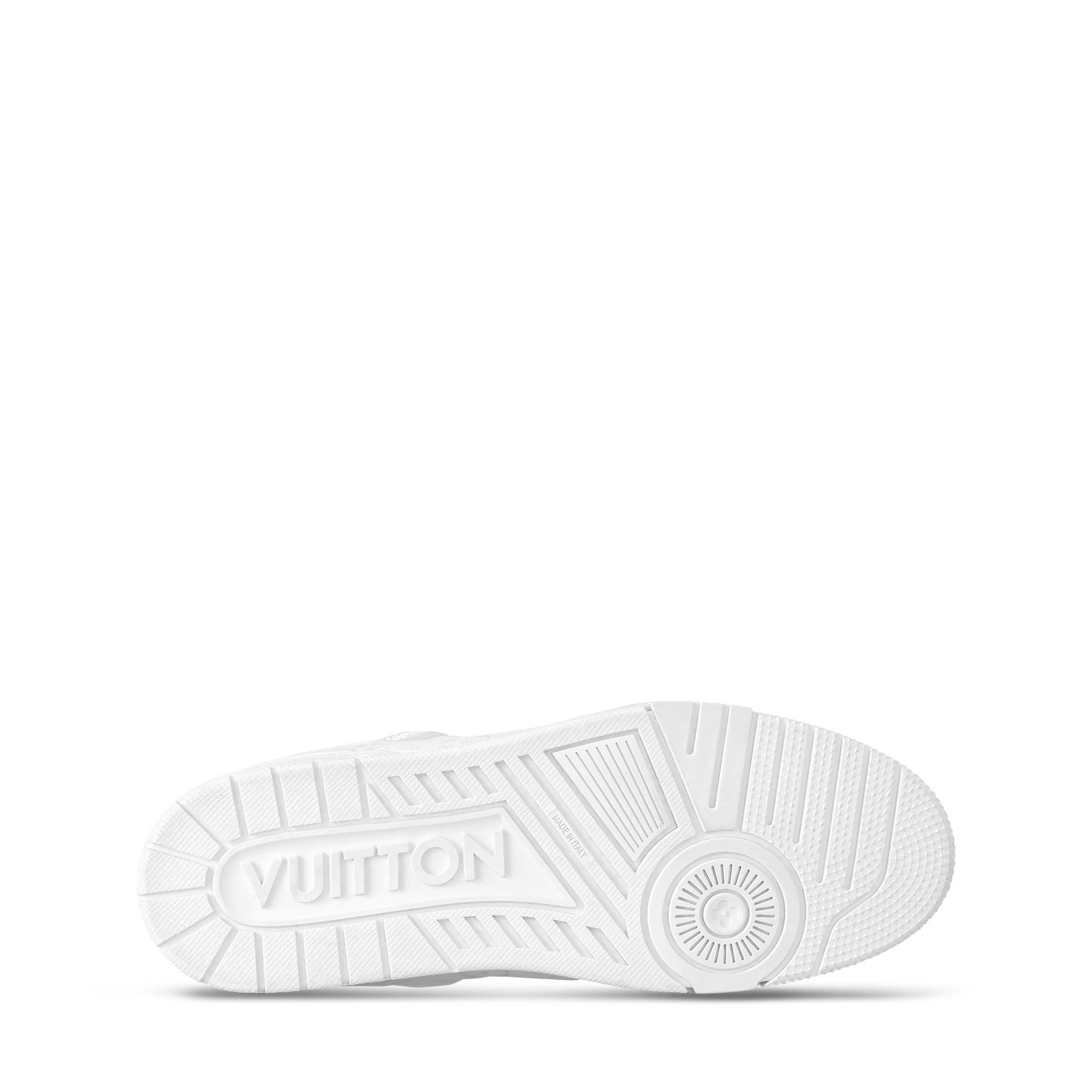 LV Trainer white rubber outsole with tread, embossed logo and wheel pattern