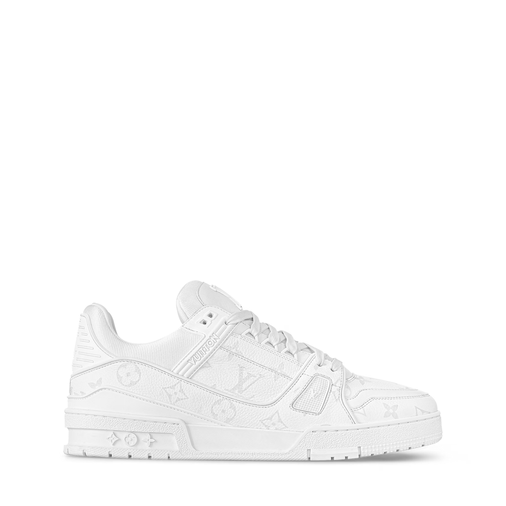LV Trainer distressed white sneaker side view, lace-up and monogram-pattern overlays