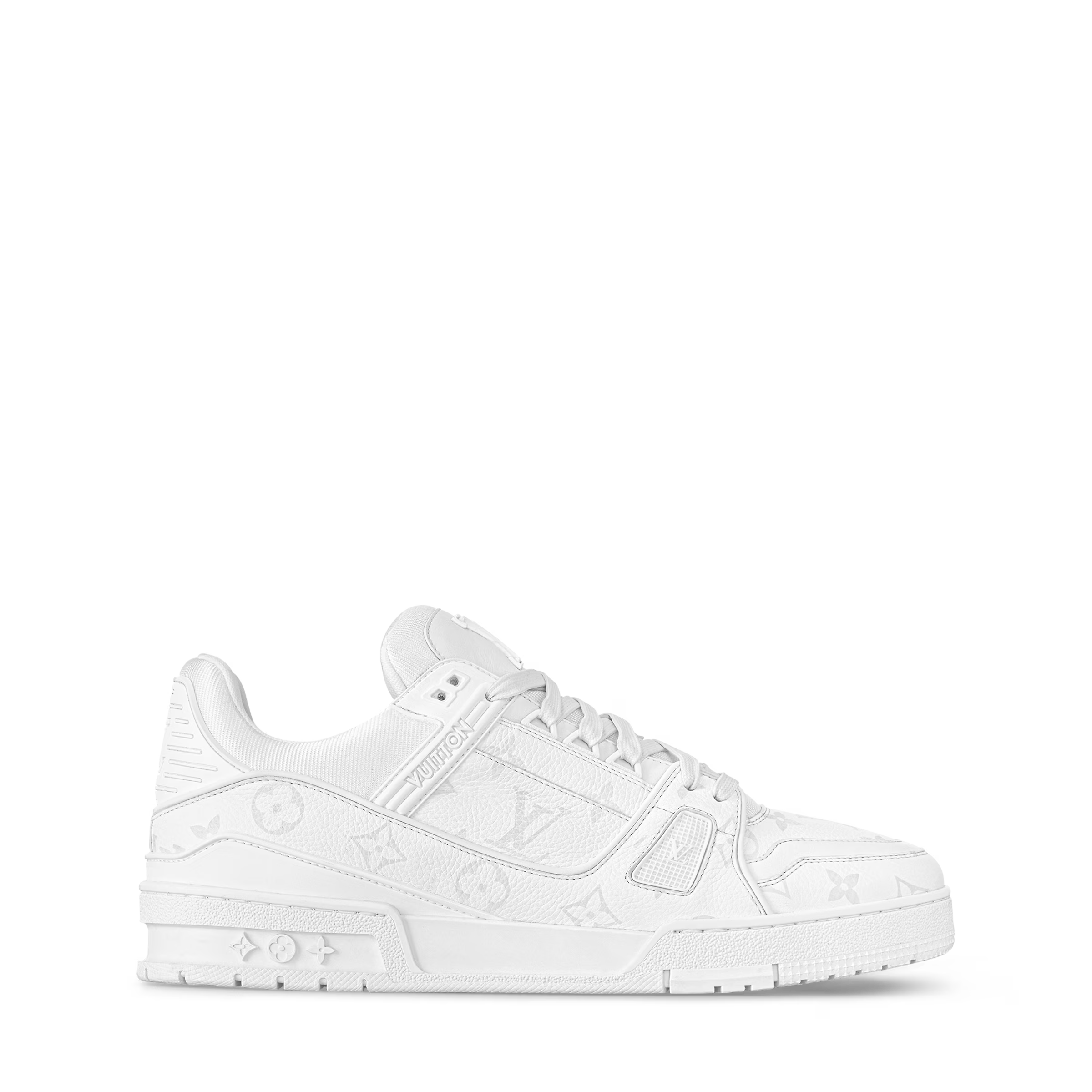 LV Trainer distressed white sneaker side view, lace-up and monogram-pattern overlays