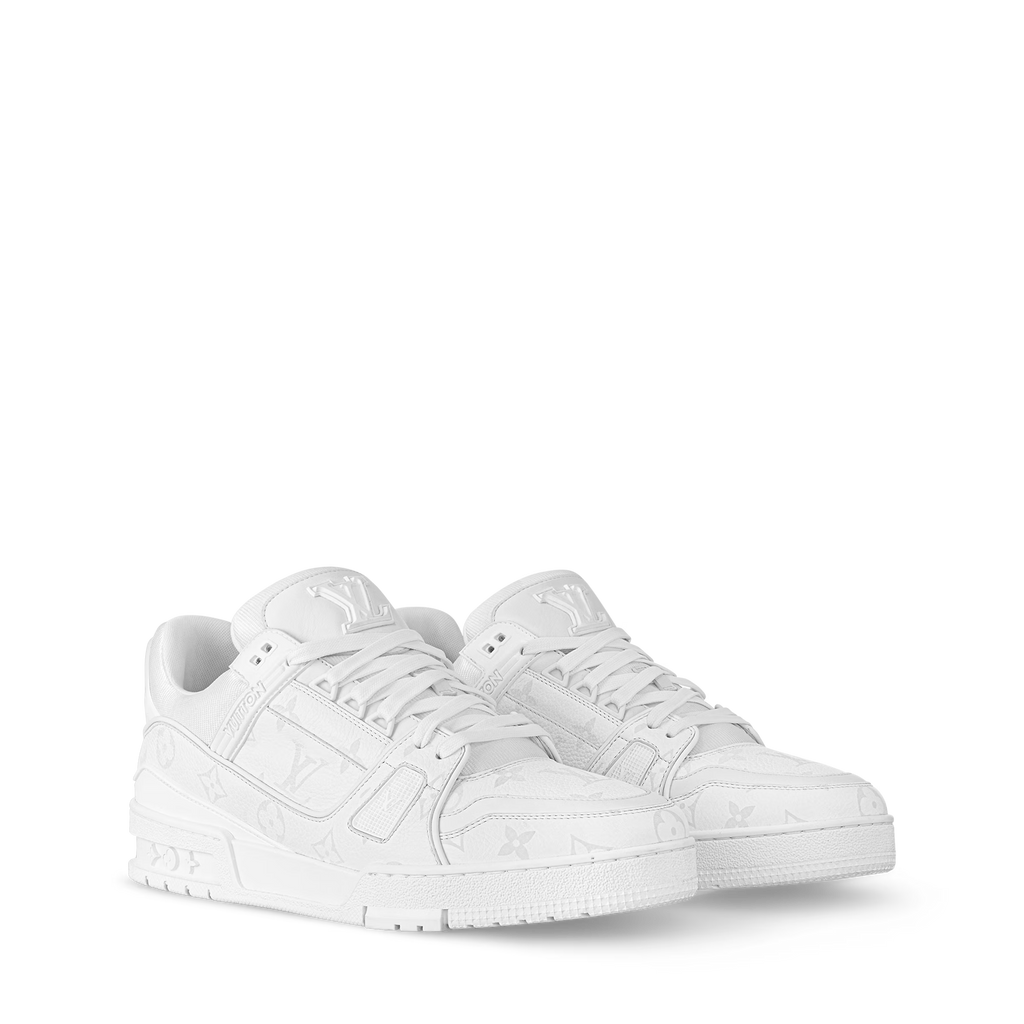 LV Trainer distressed white sneaker, lace-up with monogram-embossed panels