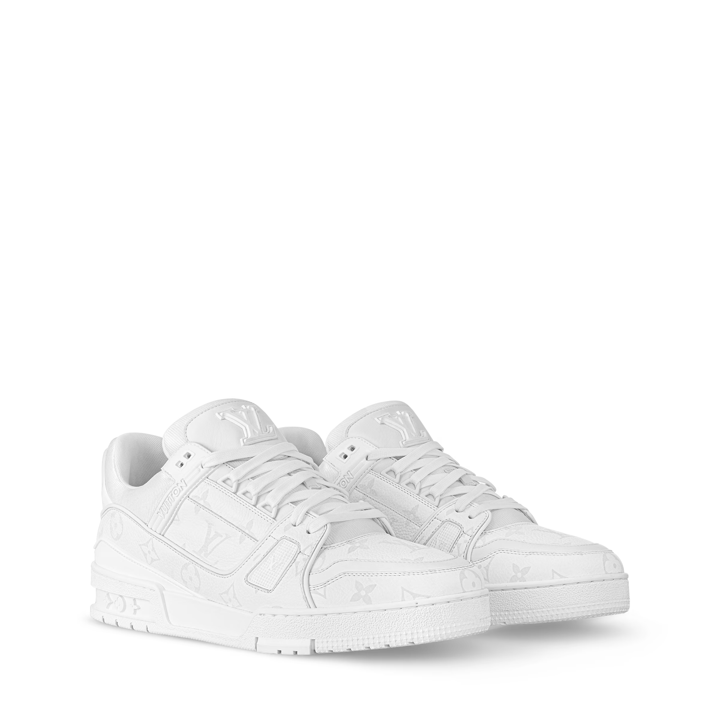 LV Trainer distressed white sneaker, lace-up with monogram-embossed panels