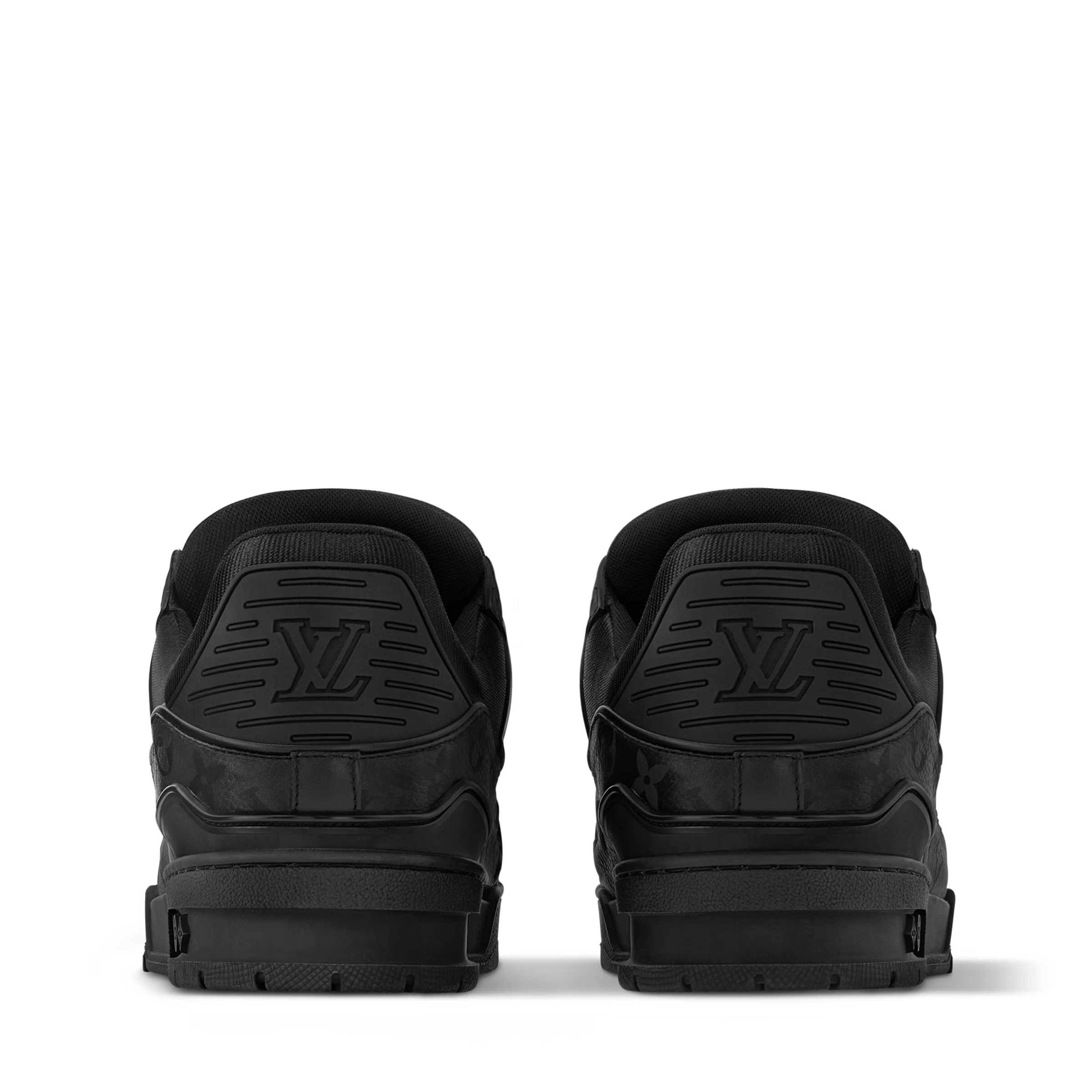 Black LV Trainer sneakers, back view with embossed LV heel logos and laces