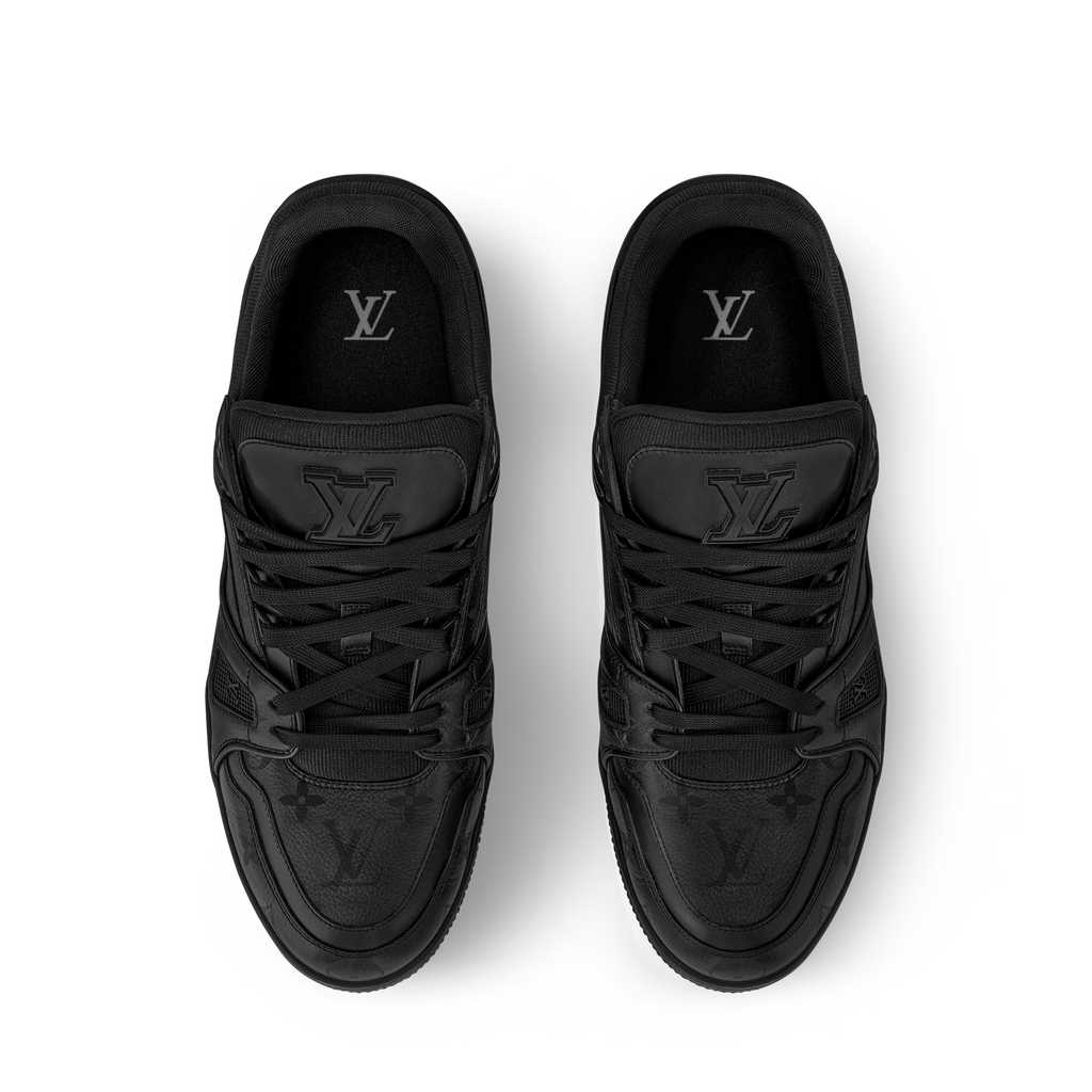 Black LV Trainer sneakers with lace-up uppers and LV logos on tongues and sides