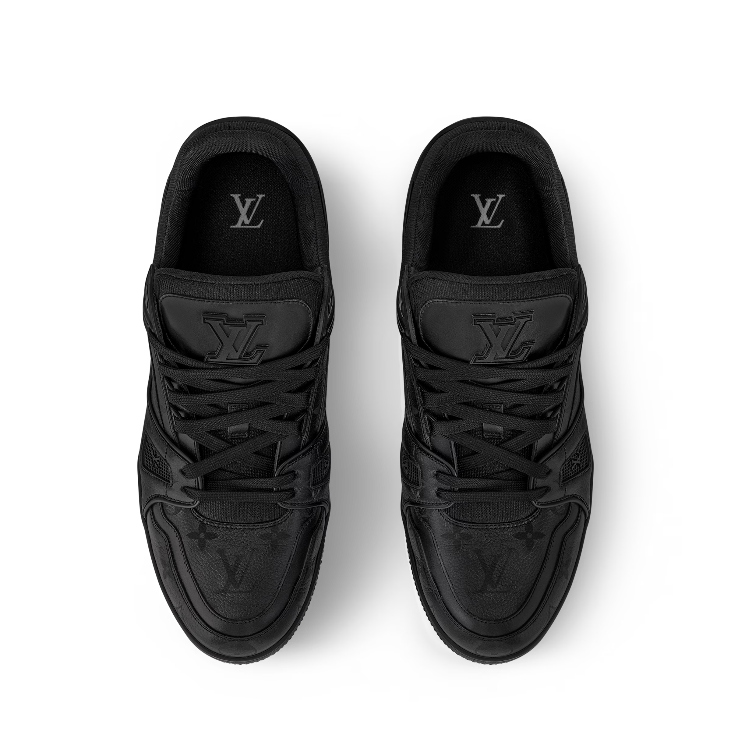 Black LV Trainer sneakers with lace-up uppers and LV logos on tongues and sides