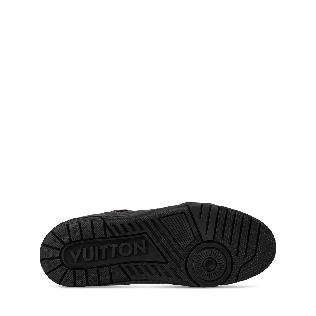 Black LV Trainer outsole view with textured tread and LV branding