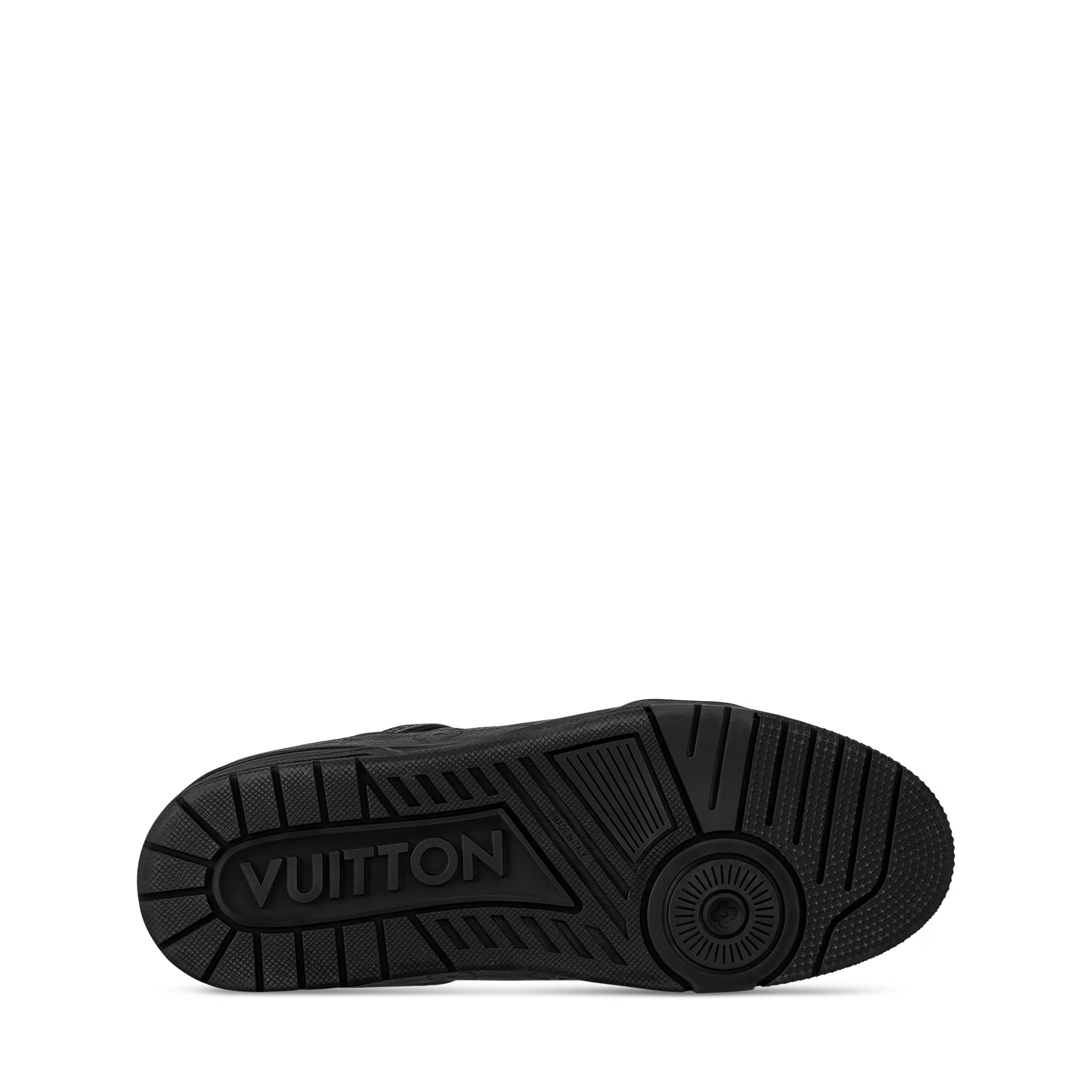 Black LV Trainer outsole view with textured tread and LV branding