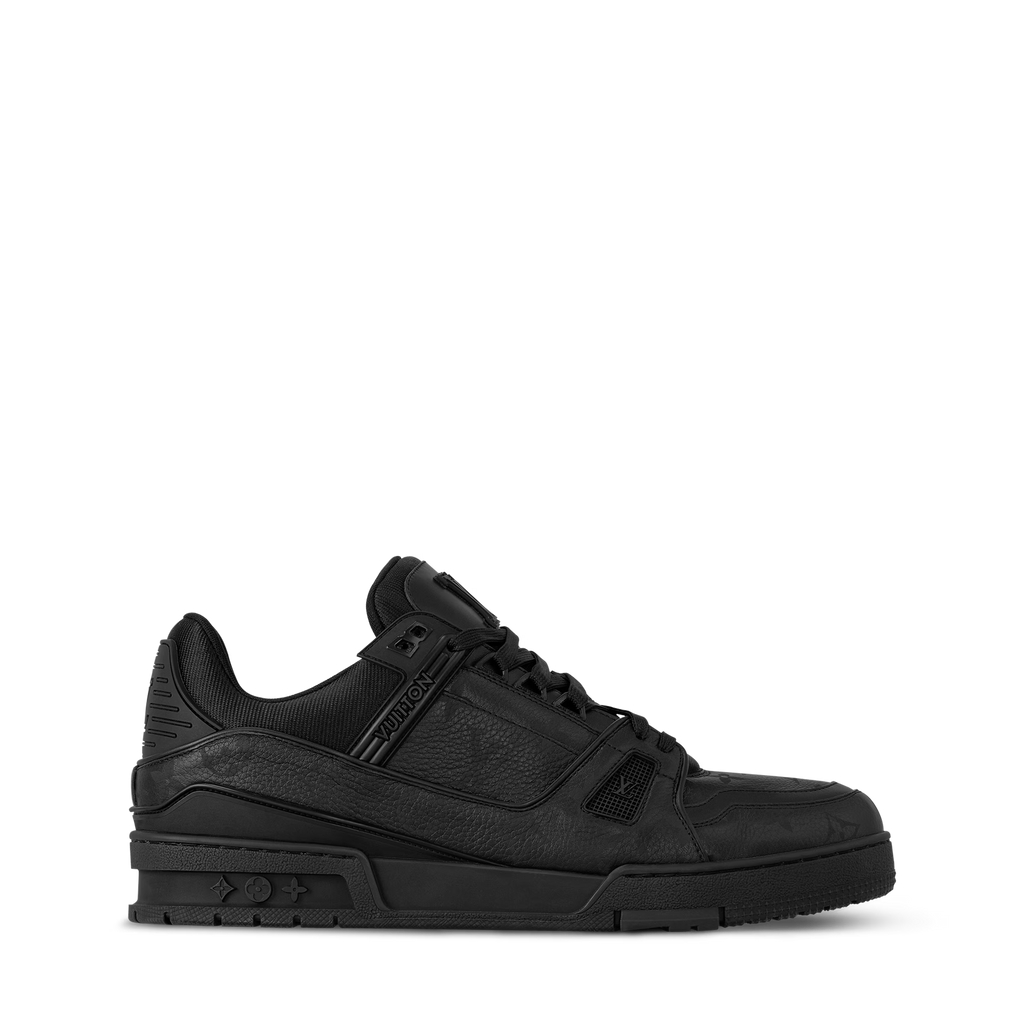 Black LV Trainer low-top sneaker side profile with sculpted panel and LV marks