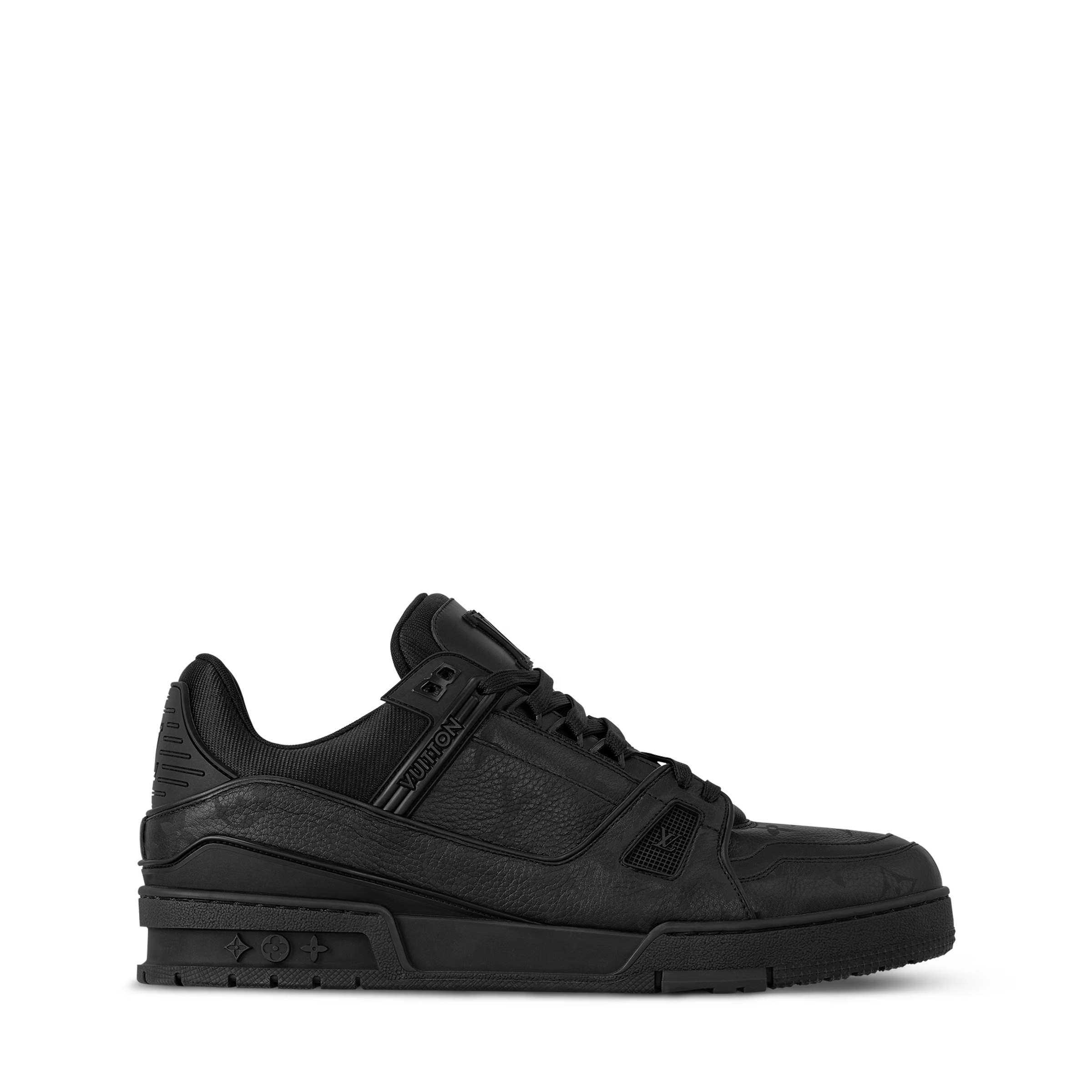 Black LV Trainer low-top sneaker side profile with sculpted panel and LV marks