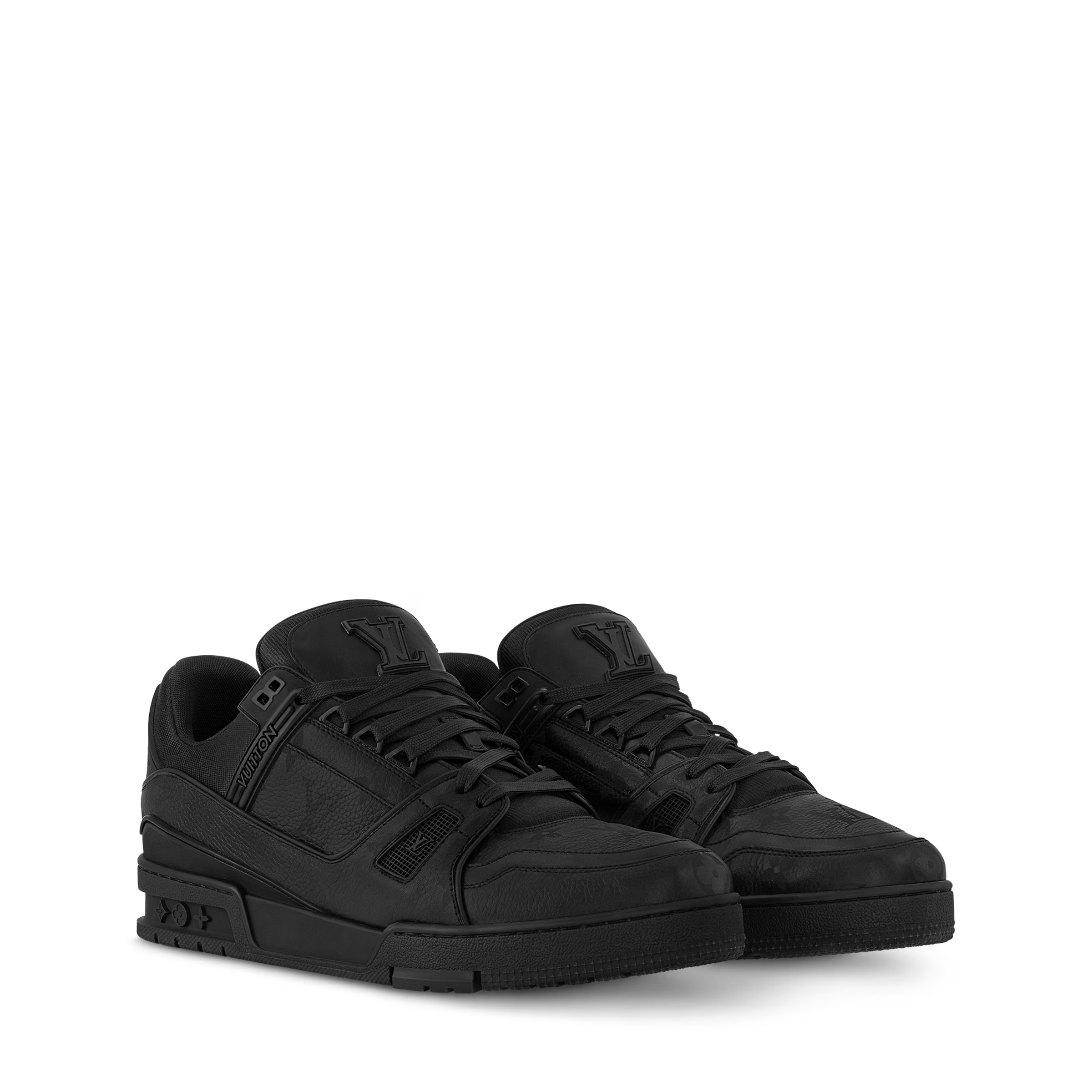 Black LV Trainer low-top lace-up sneakers with embossed LV on side, two shoes