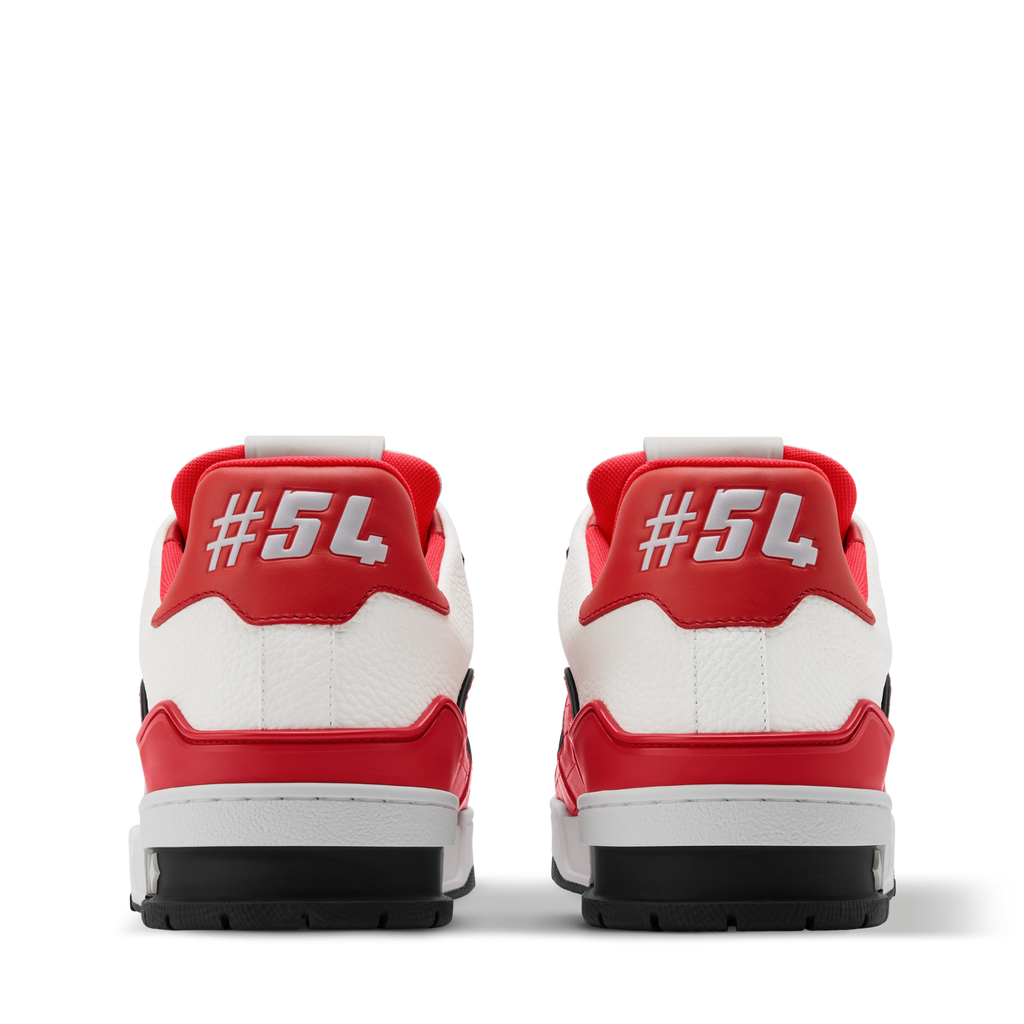 LV trainer sneaker heel with red back tab, white leather, and #54 detail