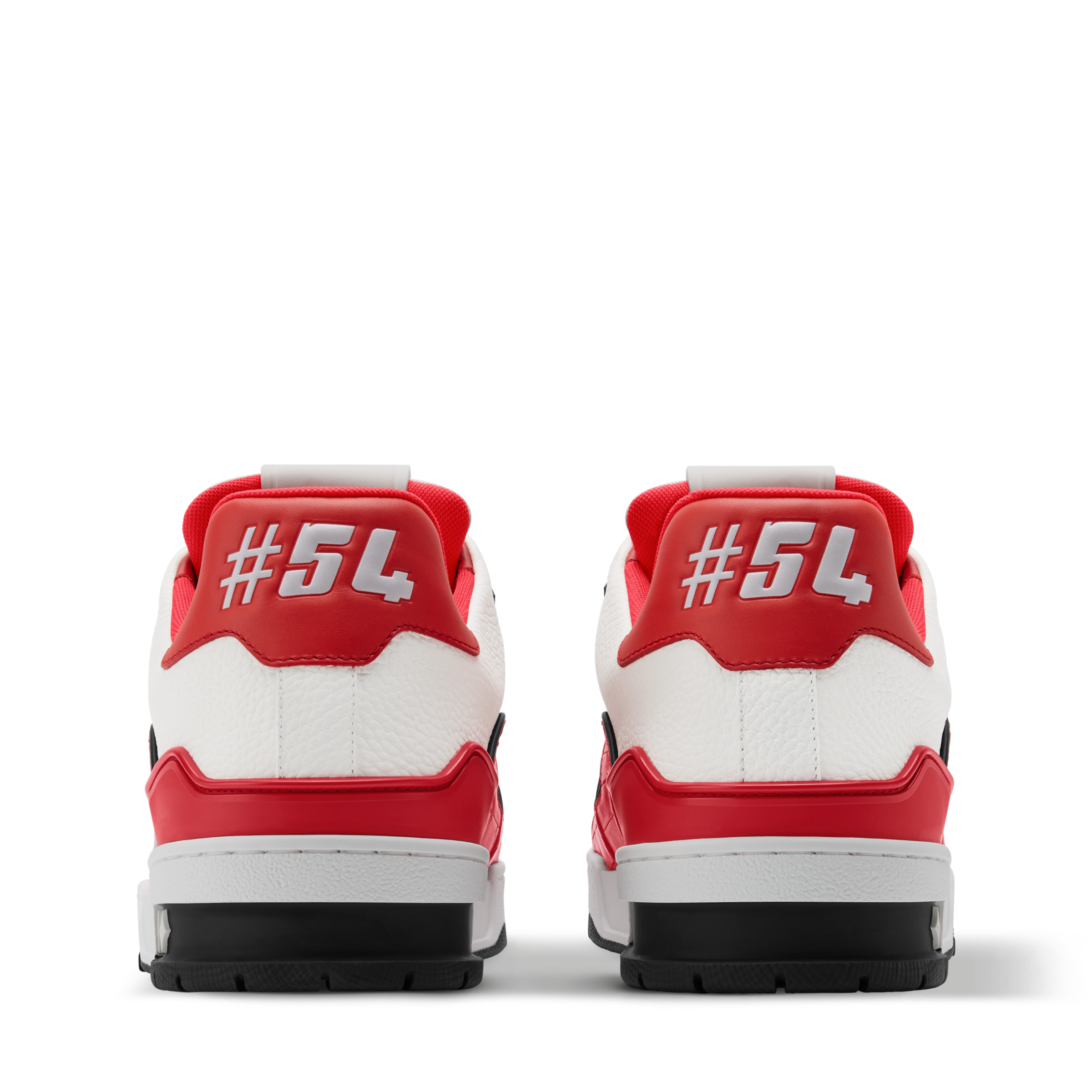 LV trainer sneaker heel with red back tab, white leather, and #54 detail