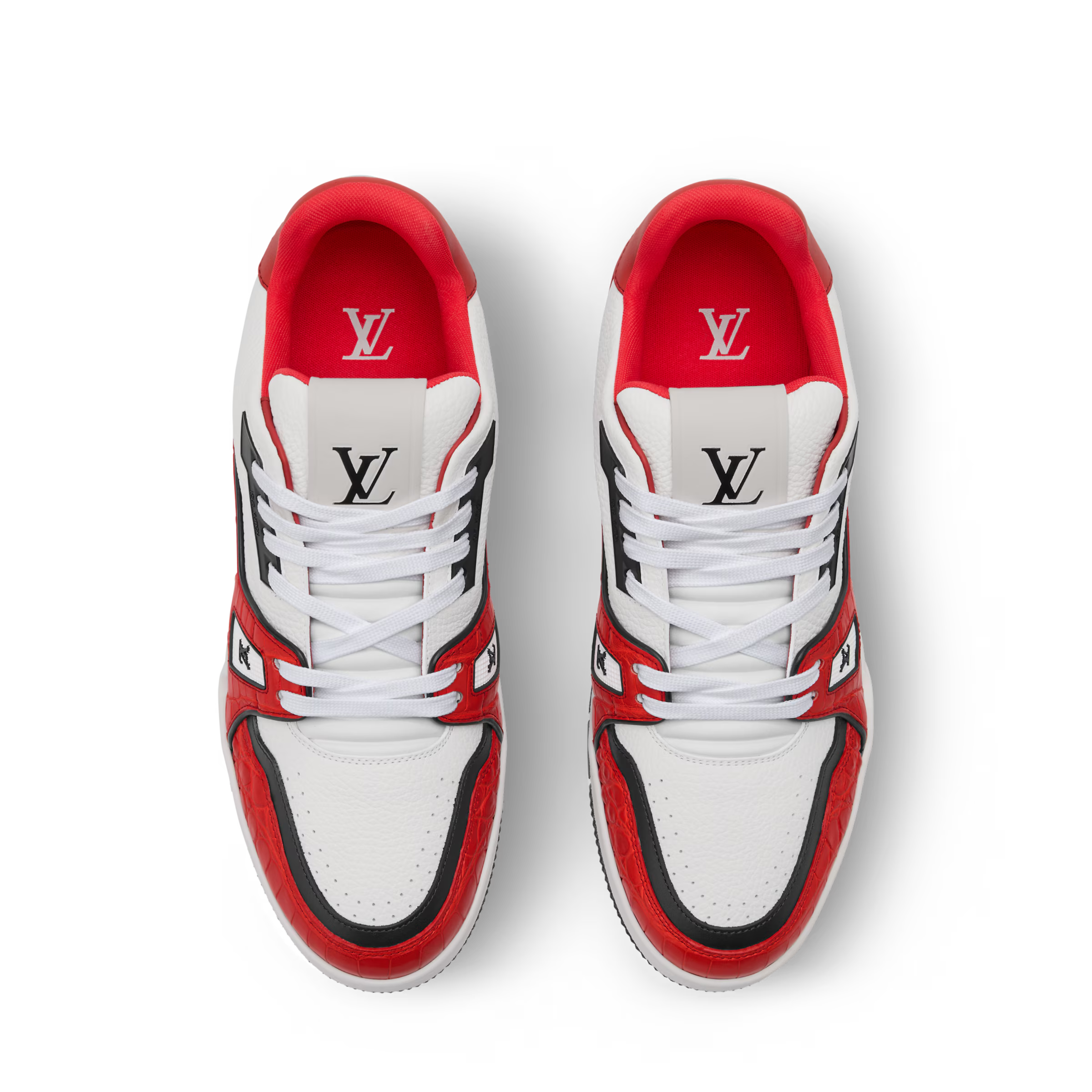 LV trainer sneaker front view with red tongue lining, white laces, and LV branding