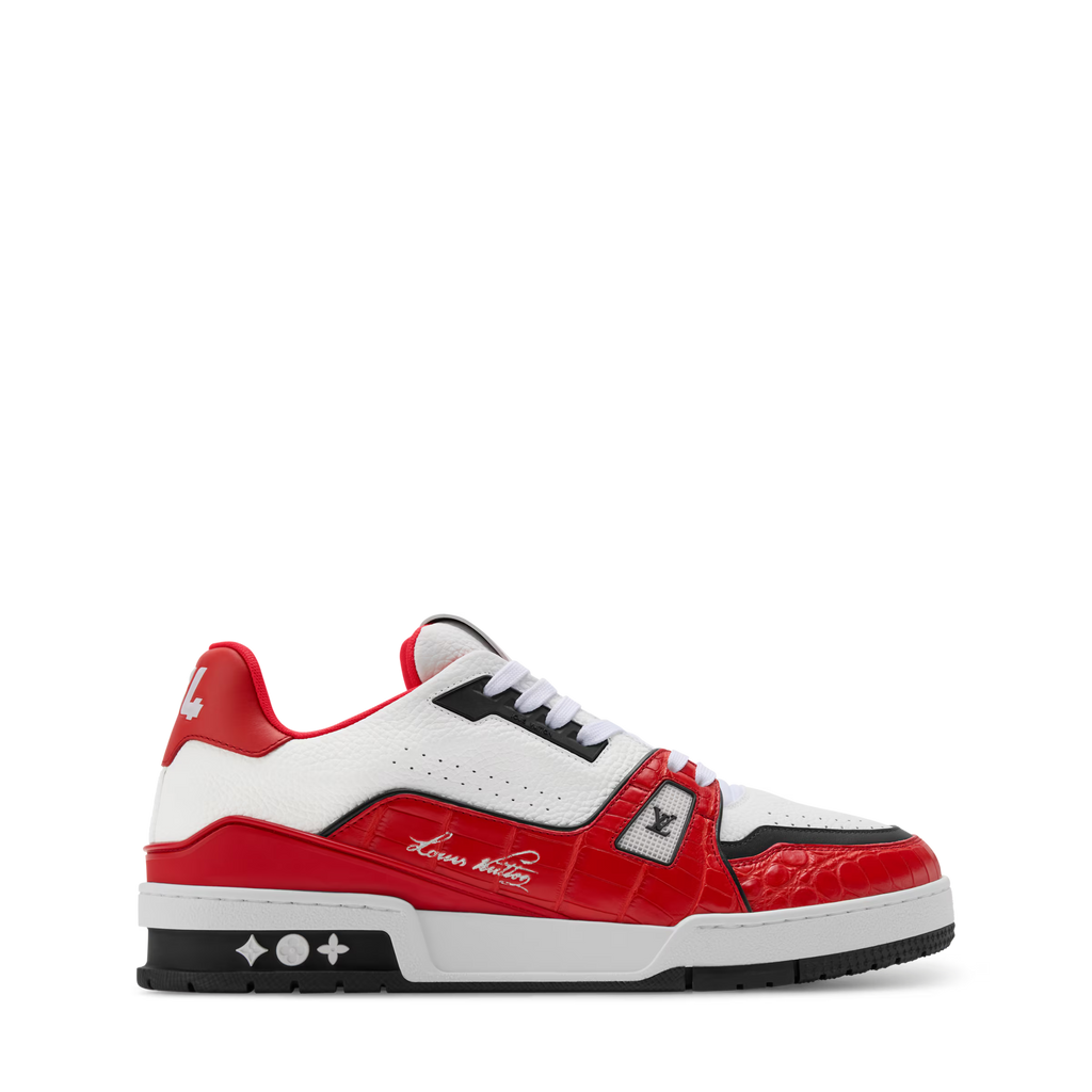 LV trainer sneaker side view in white and red with black accents and lace-up