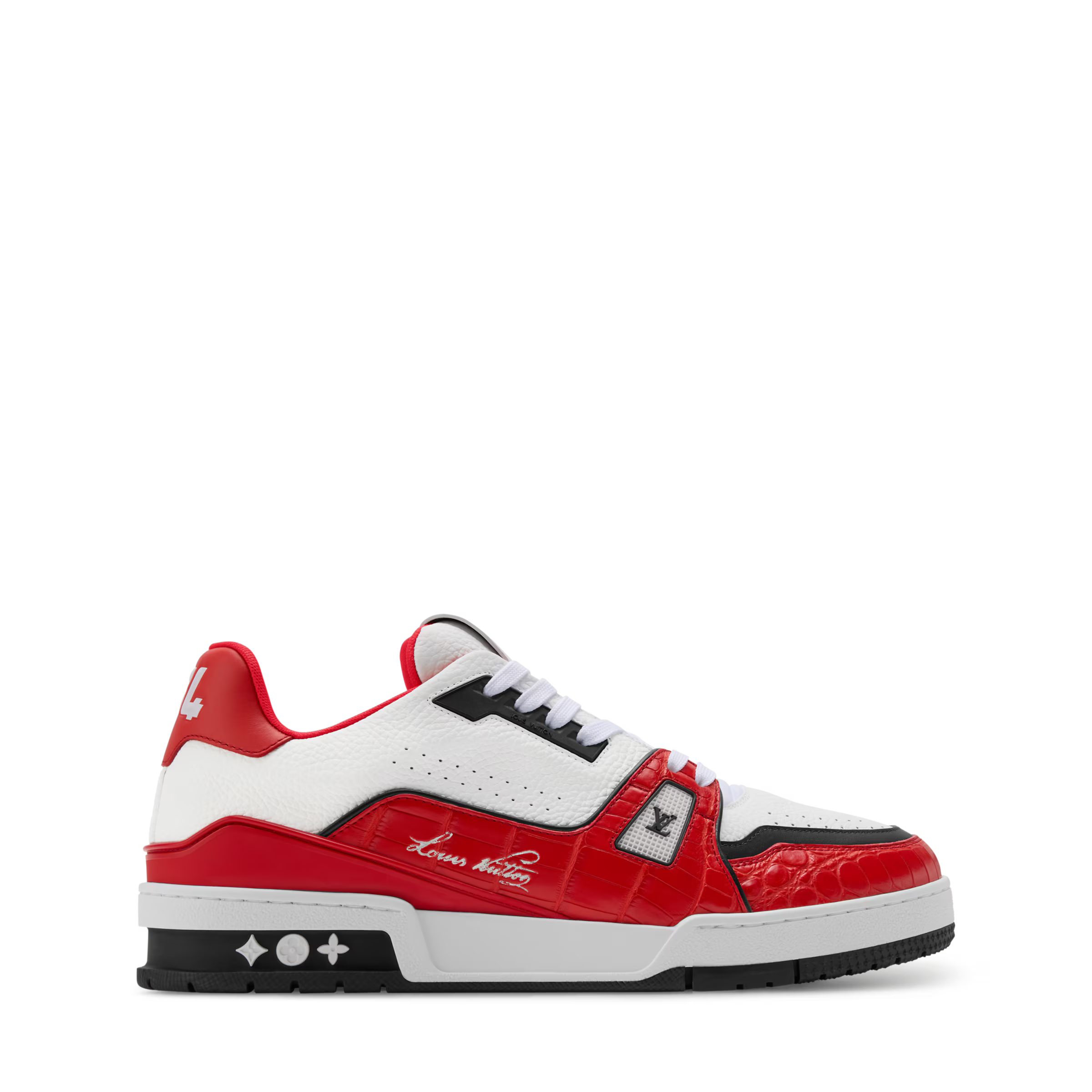 LV trainer sneaker side view in white and red with black accents and lace-up