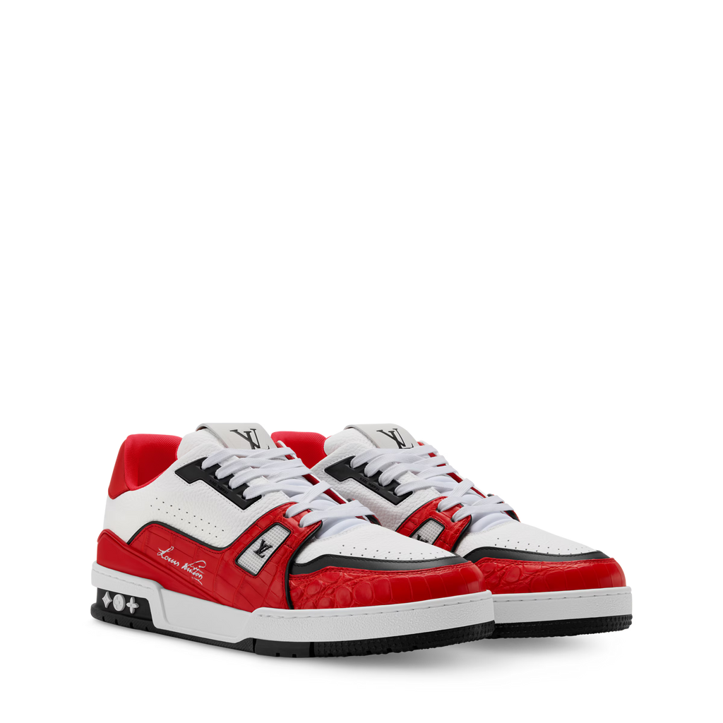 LV trainer sneaker with white, red, and black panels; lace-up street style