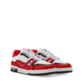 LV trainer sneaker with white, red, and black panels; lace-up street style