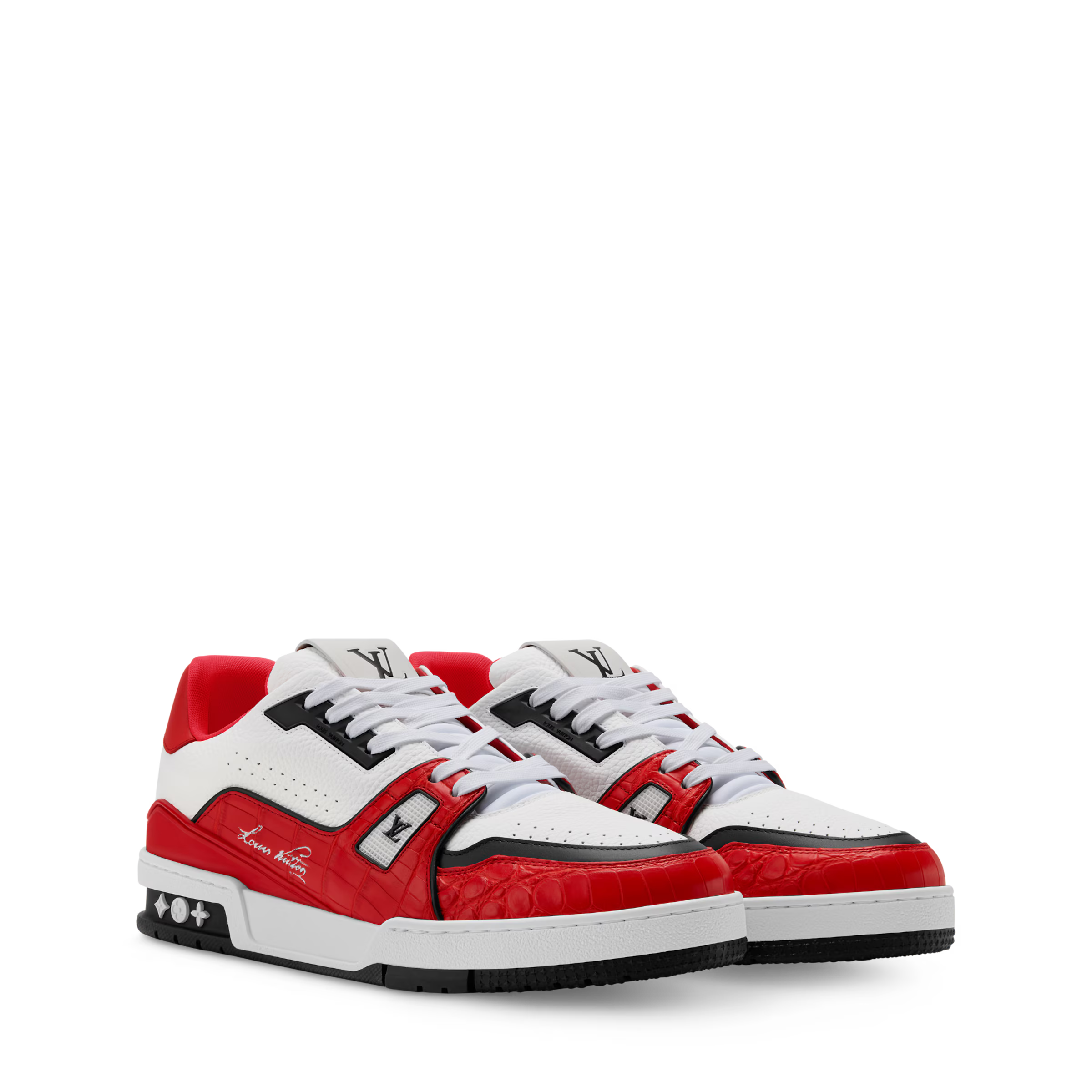 LV trainer sneaker with white, red, and black panels; lace-up street style