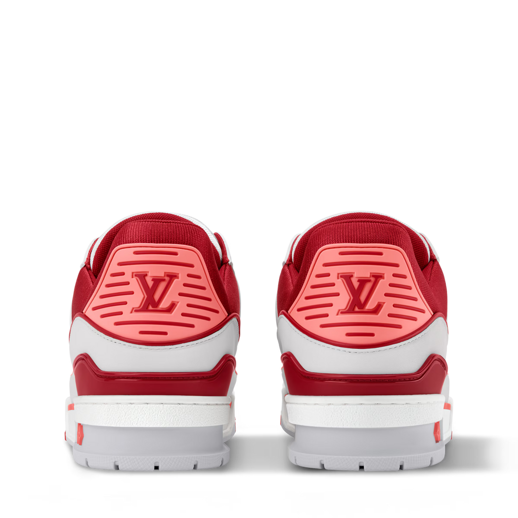 Back view of white and red LV low-top sneakers with red heel panel