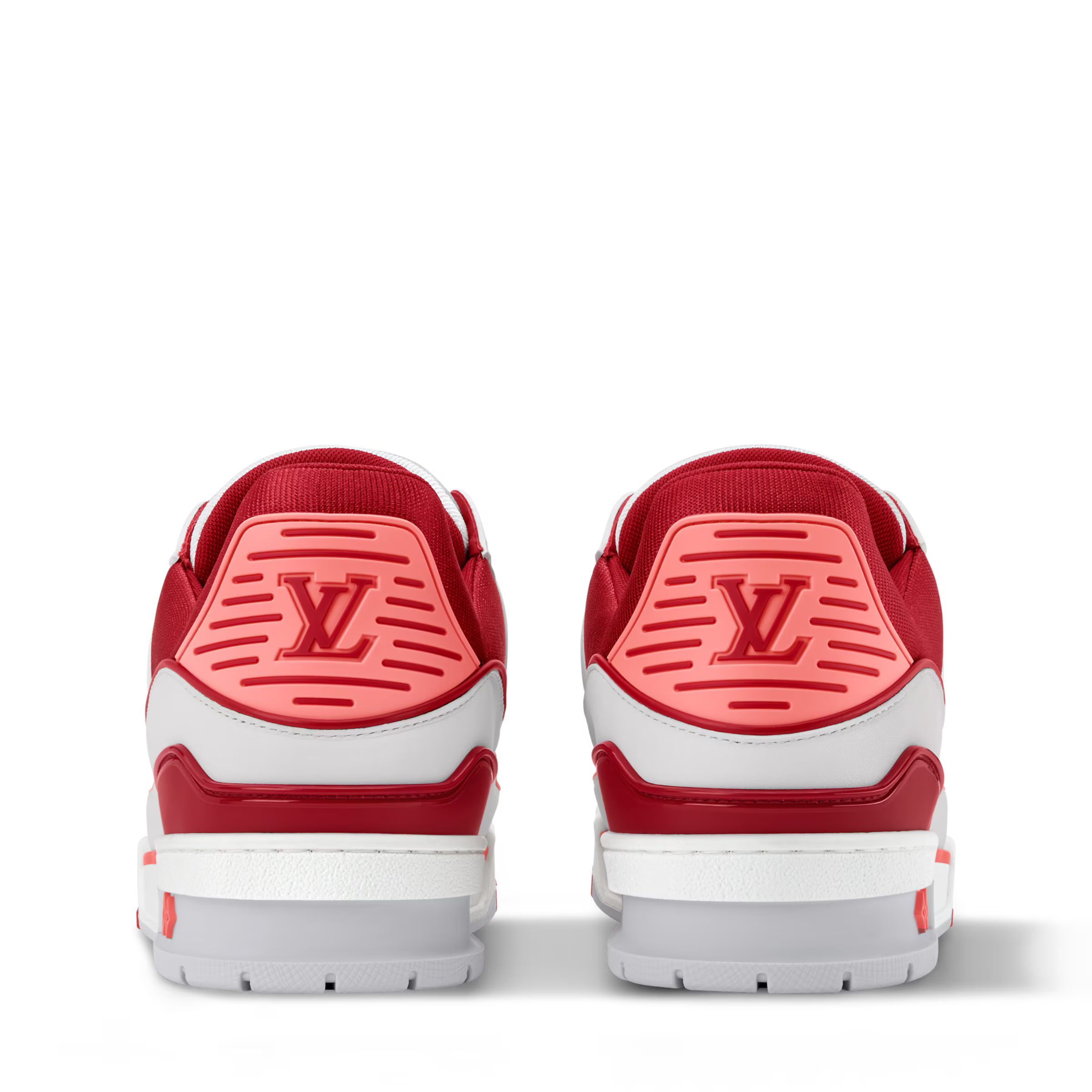 Back view of white and red LV low-top sneakers with red heel panel