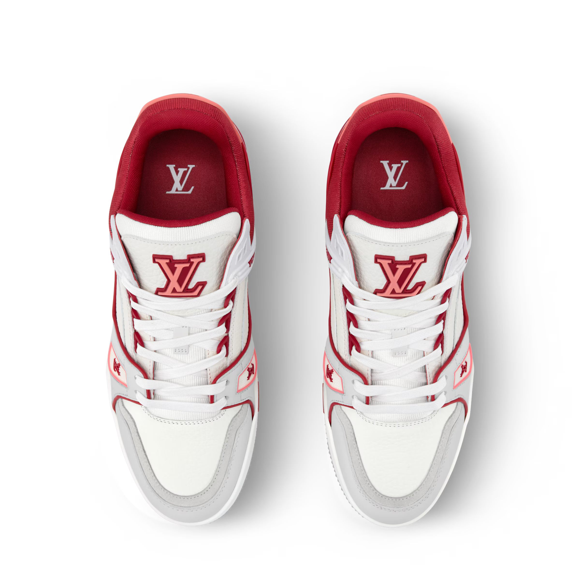 Front view of white and red LV low-top sneakers with red logo on tongue