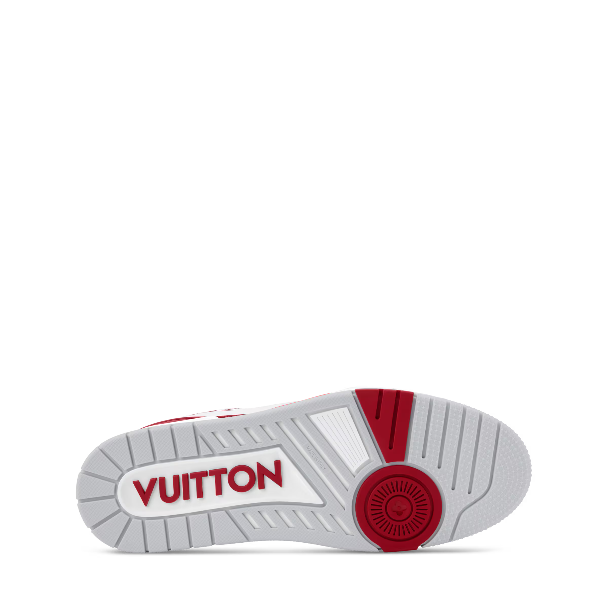 White rubber outsole of white and red LV low-top sneakers with red traction
