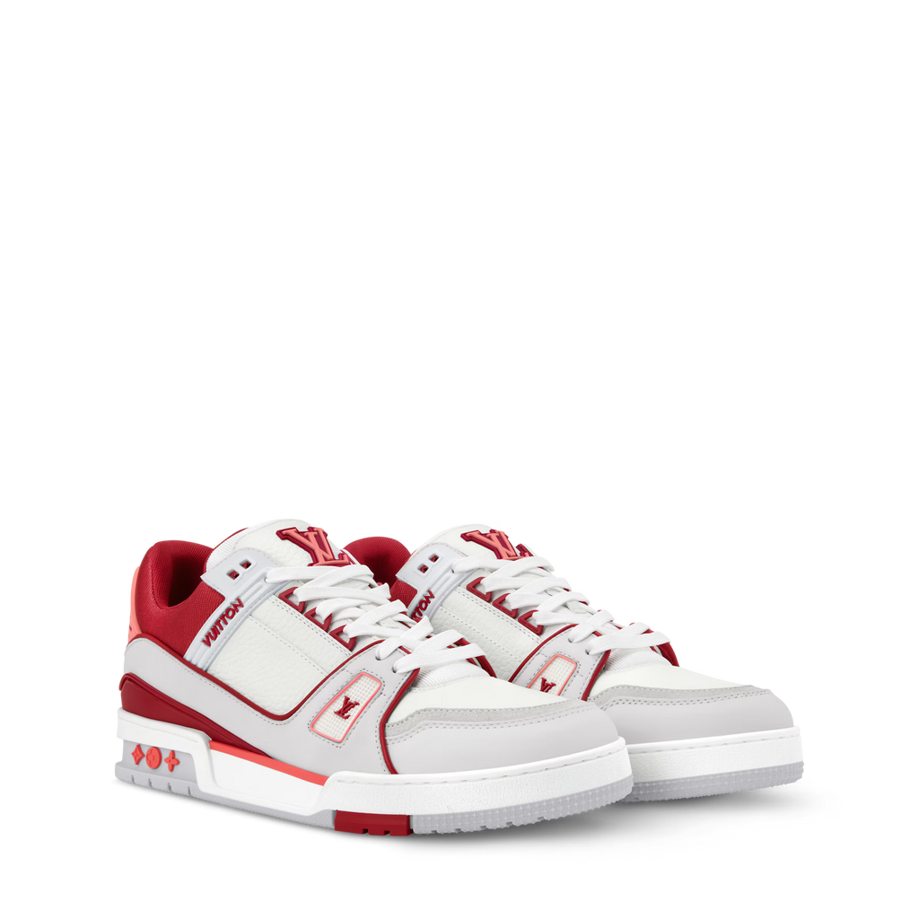 White and red LV low-top sneakers with side strap and lace-up front
