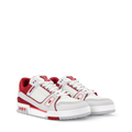 White and red LV low-top sneakers with side strap and lace-up front