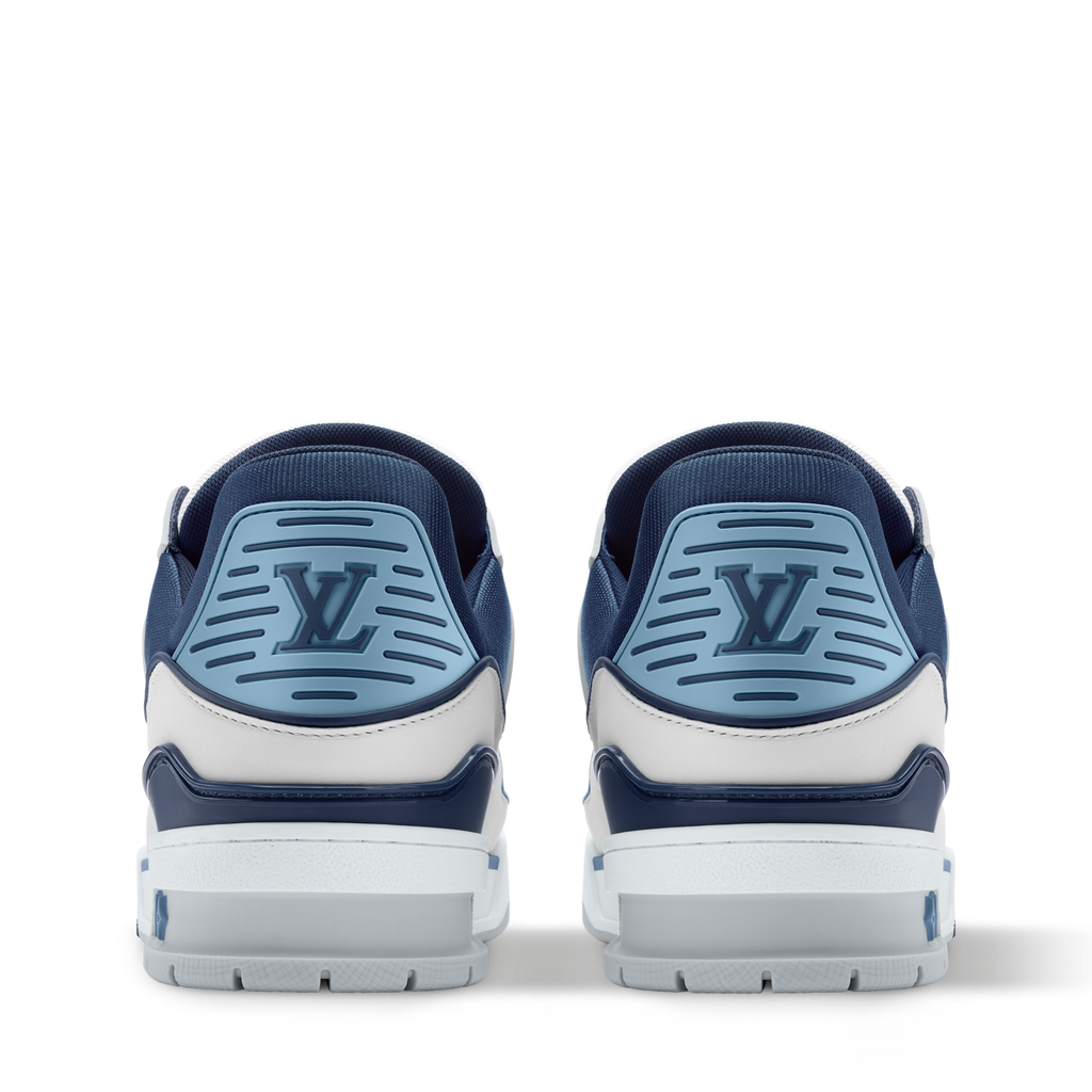 Navy heel LV sneakers with white midsoles and blue logo detailing