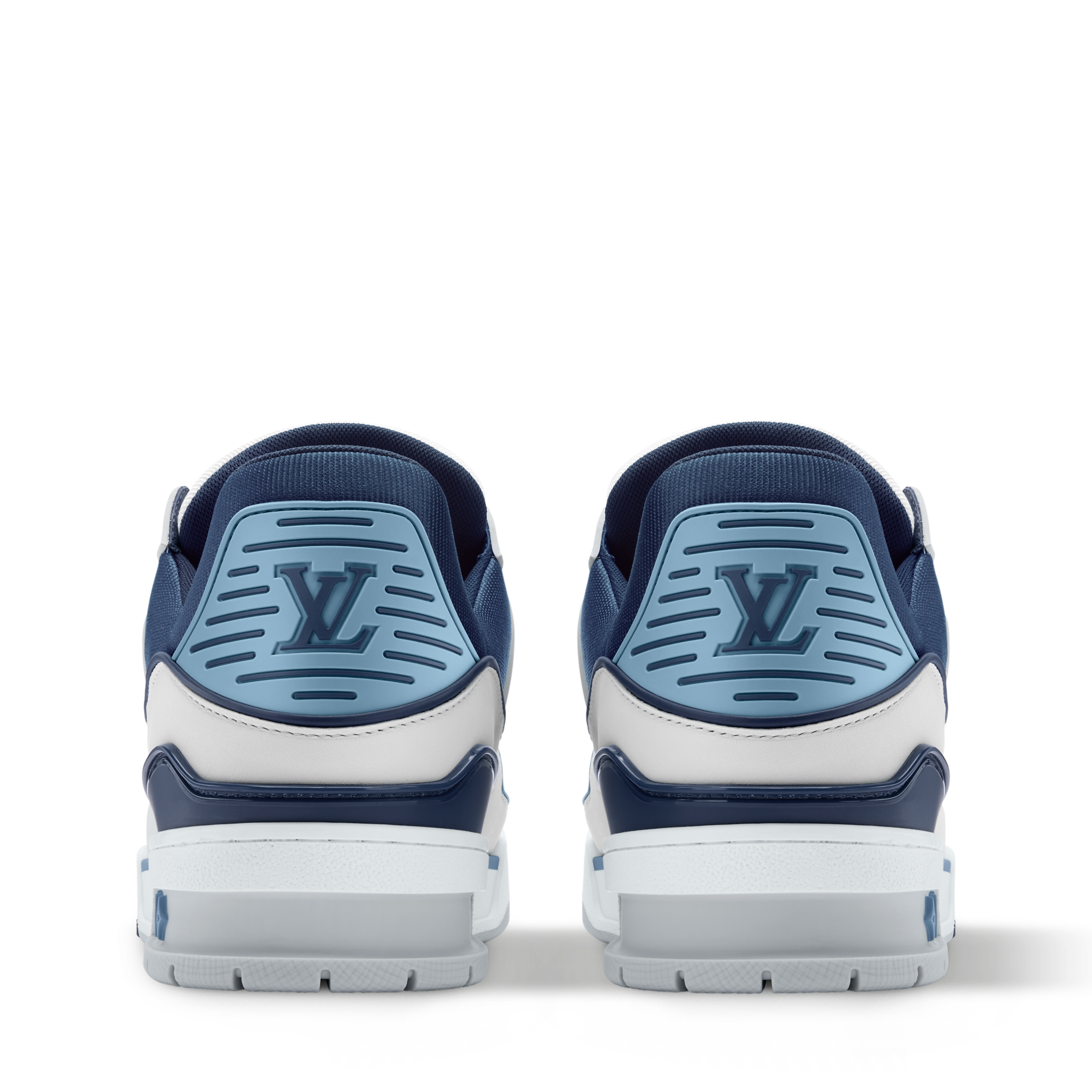 Navy heel LV sneakers with white midsoles and blue logo detailing