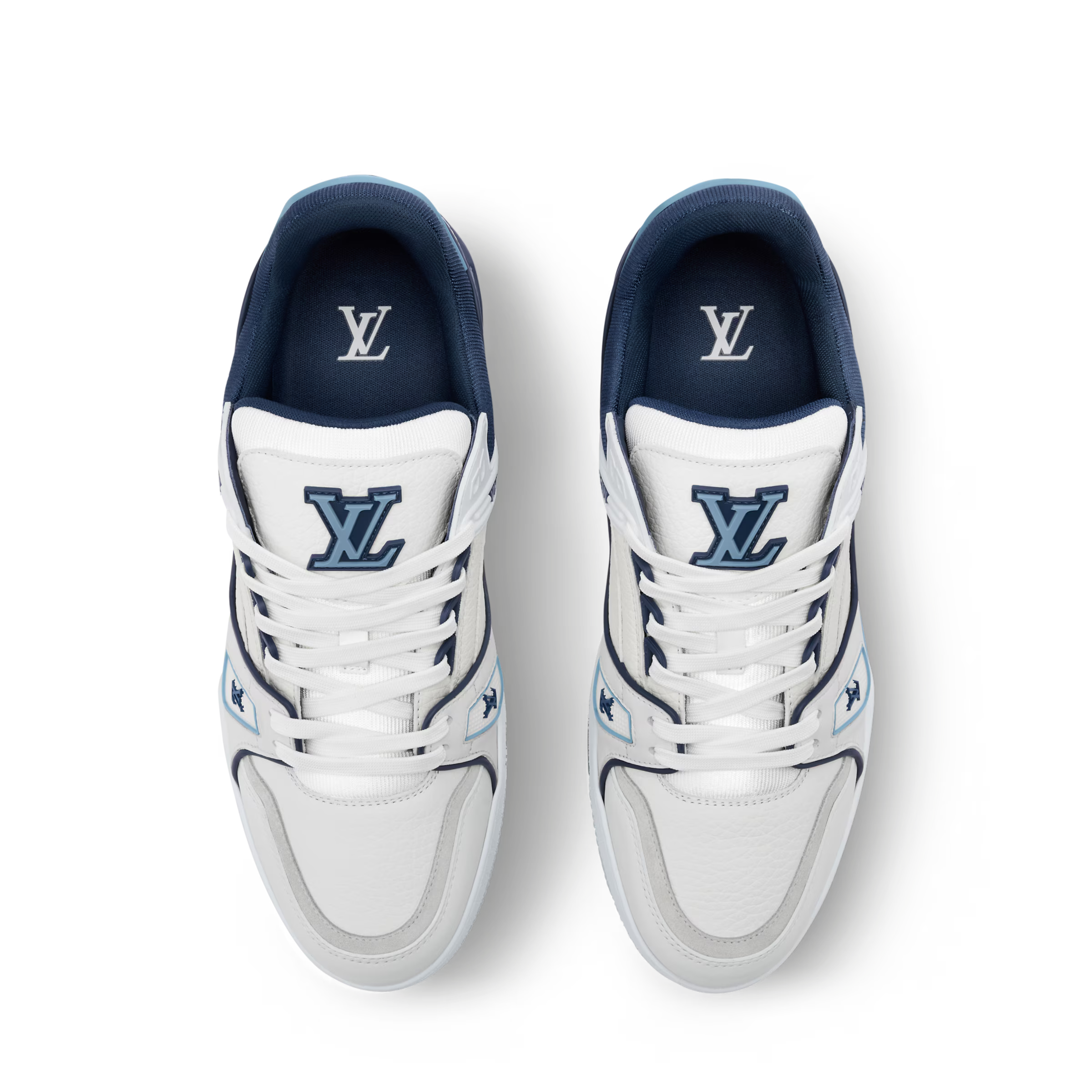 Pair of white LV trainers with navy tongues and lace-up front logo
