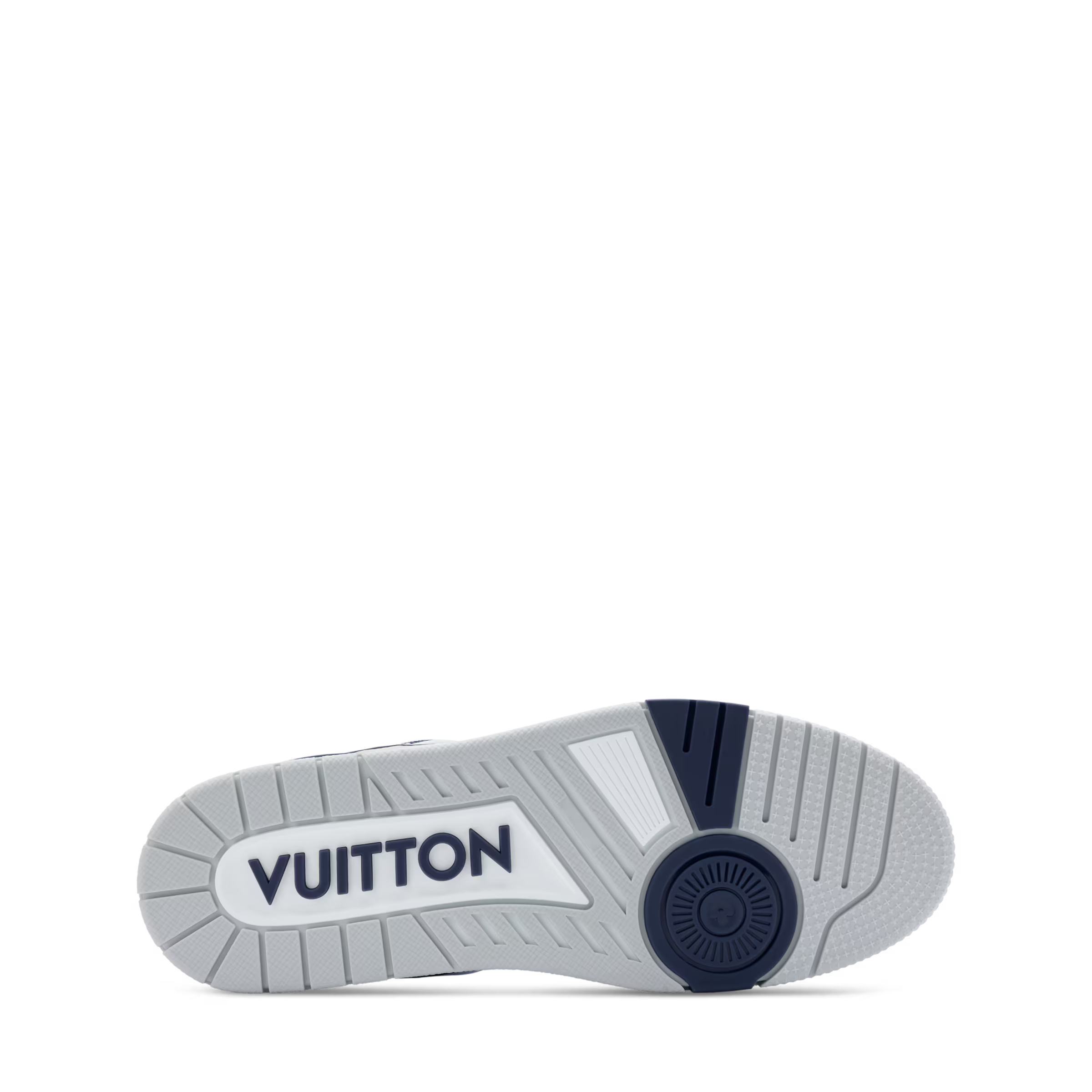 Rubber outsole of LV trainers with VUITTON logo on the heel