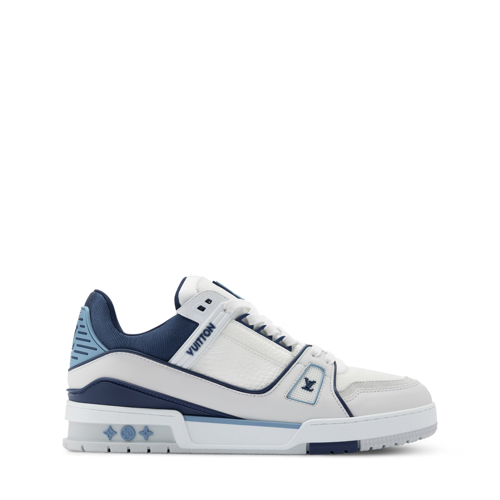 White LV trainers with navy side panel and stitched logo detail