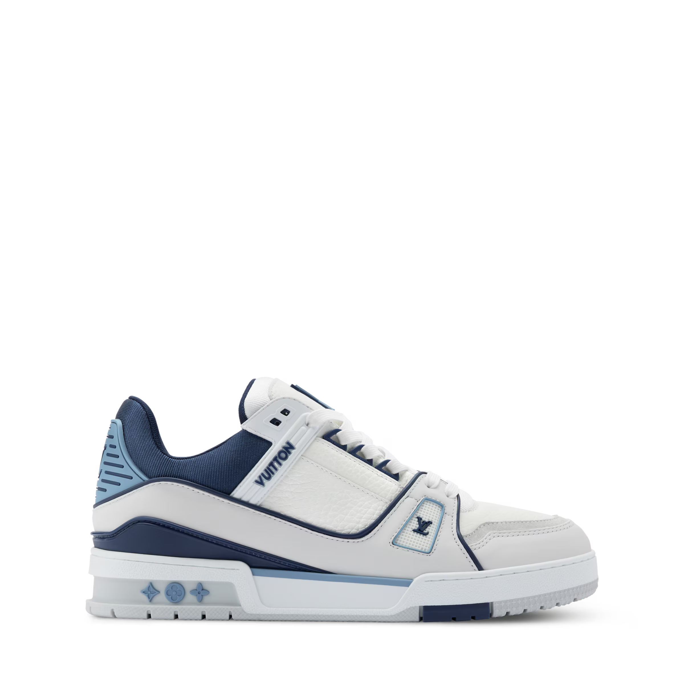 White LV trainers with navy side panel and stitched logo detail