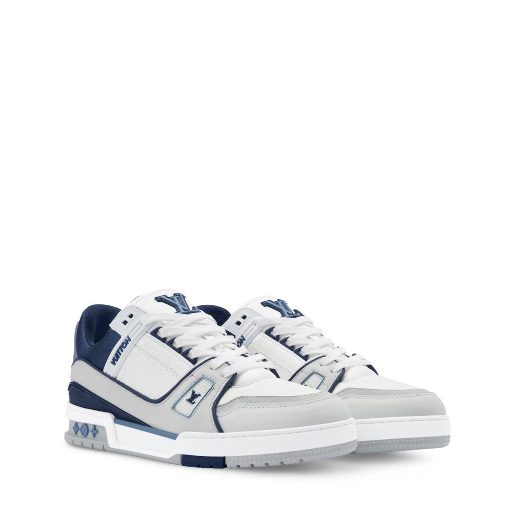 White and navy LV low-top sneakers with white laces and logo trim