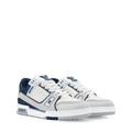 White and navy LV low-top sneakers with white laces and logo trim