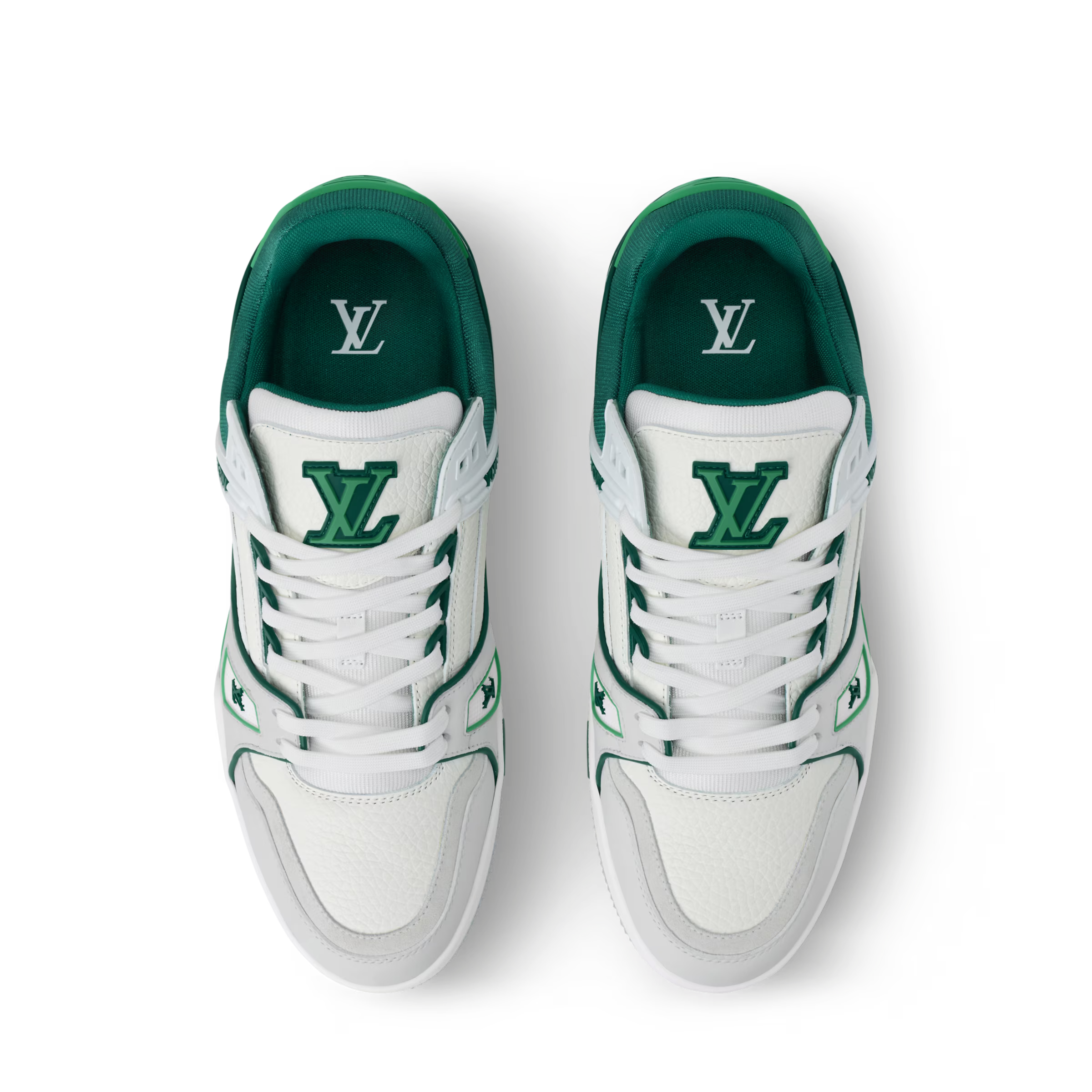 Front view of white and green sneakers with lace-up eyelets and LV logo