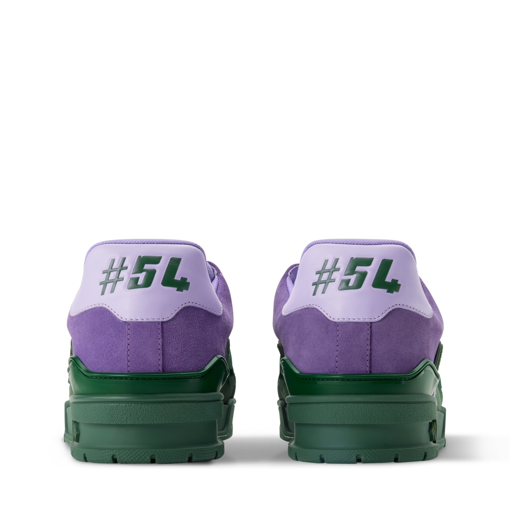 Back view of purple and green LV Trainer sneakers with #54 heel detail