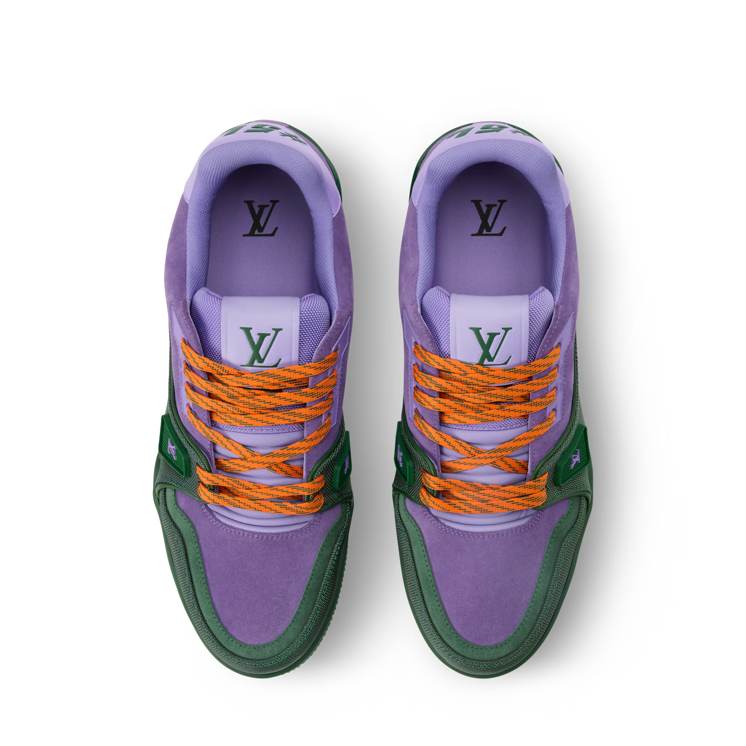 Pair of purple LV Trainer sneakers with orange laces and LV tongue logo