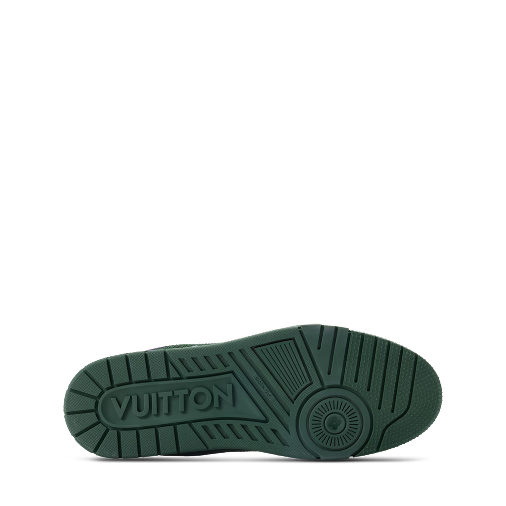 Green rubber outsole with LV logo tread pattern for LV Trainer sneakers