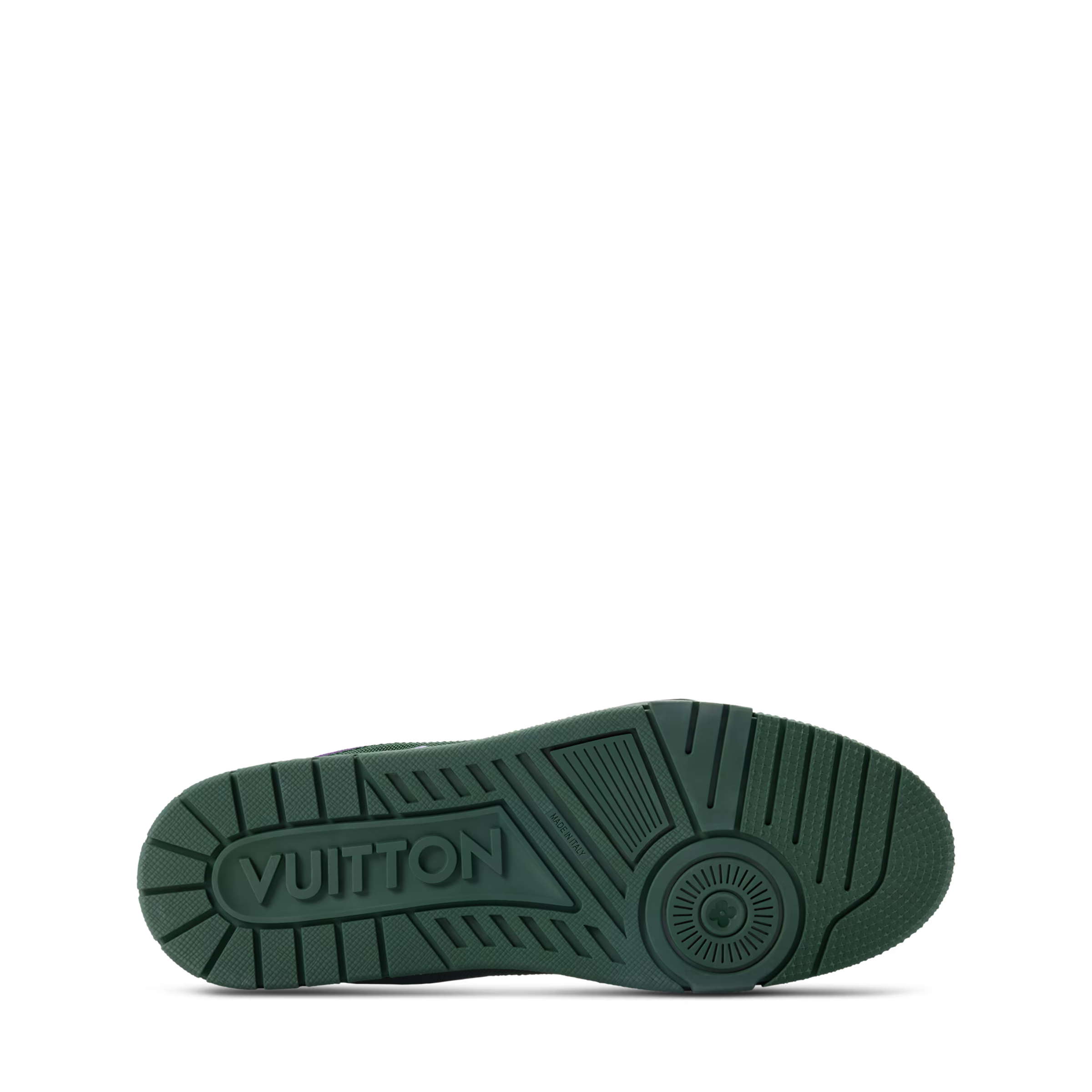 Green rubber outsole with LV logo tread pattern for LV Trainer sneakers